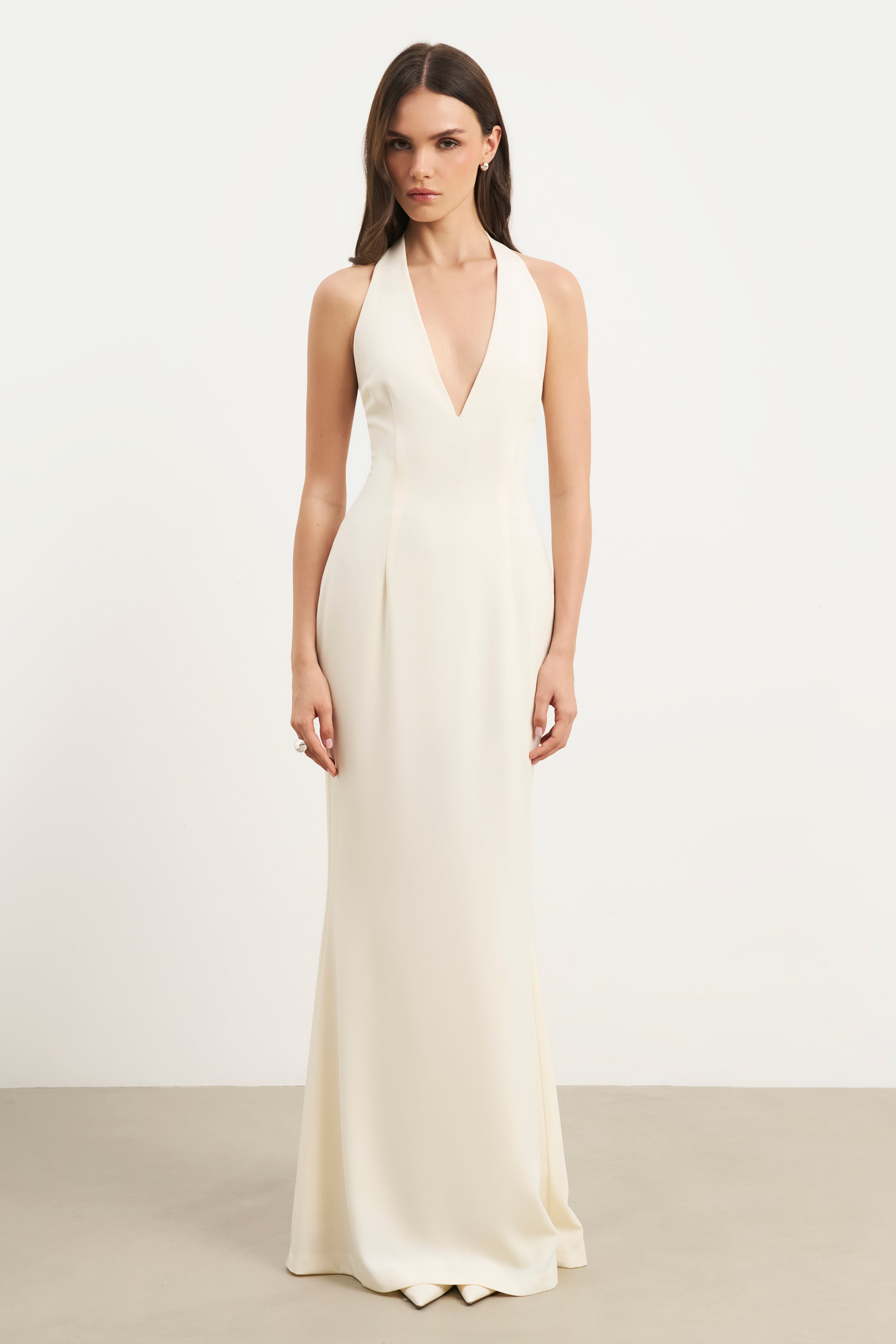 Plunging V Neck Halter Gown - Cream | BOA Plunging V Neck Halter Gown - Cream | BOA