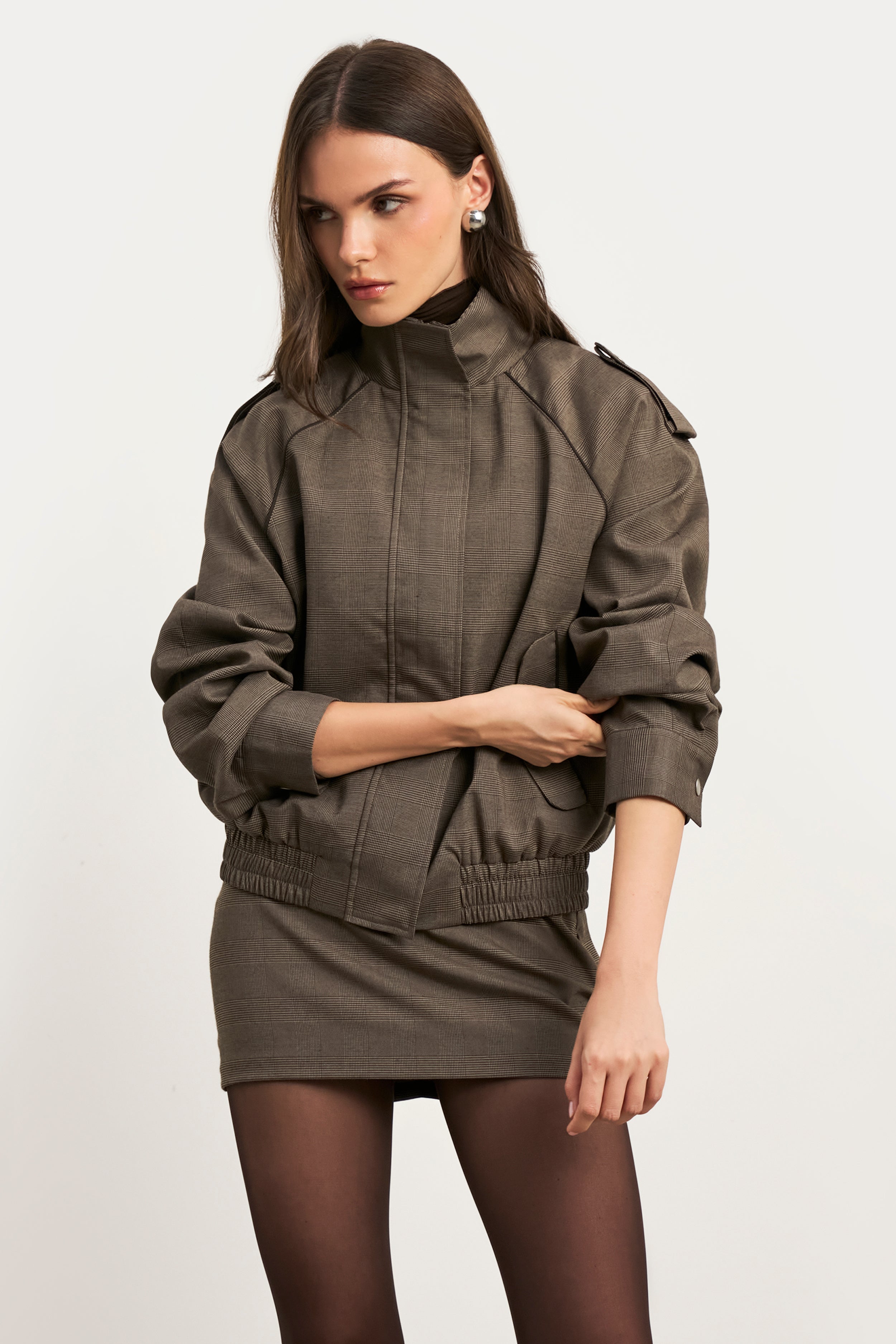 Relaxed High Collar Bomber Jacket - Carob Check