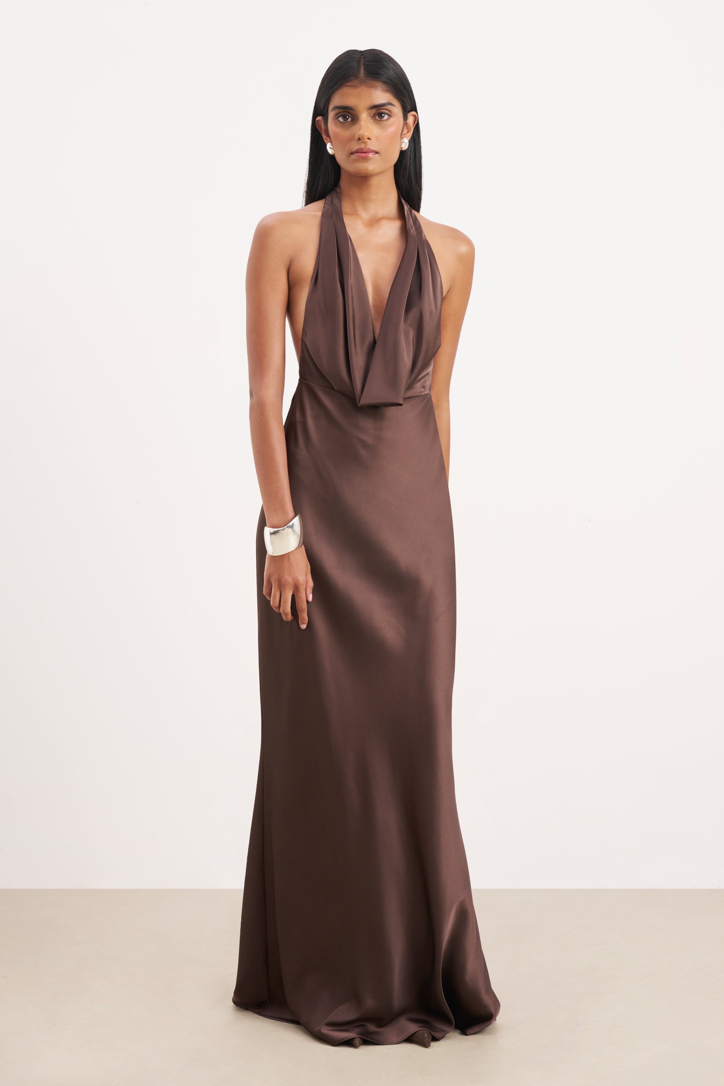 Satin Plunging Cowl Neck Maxi Dress - Carob