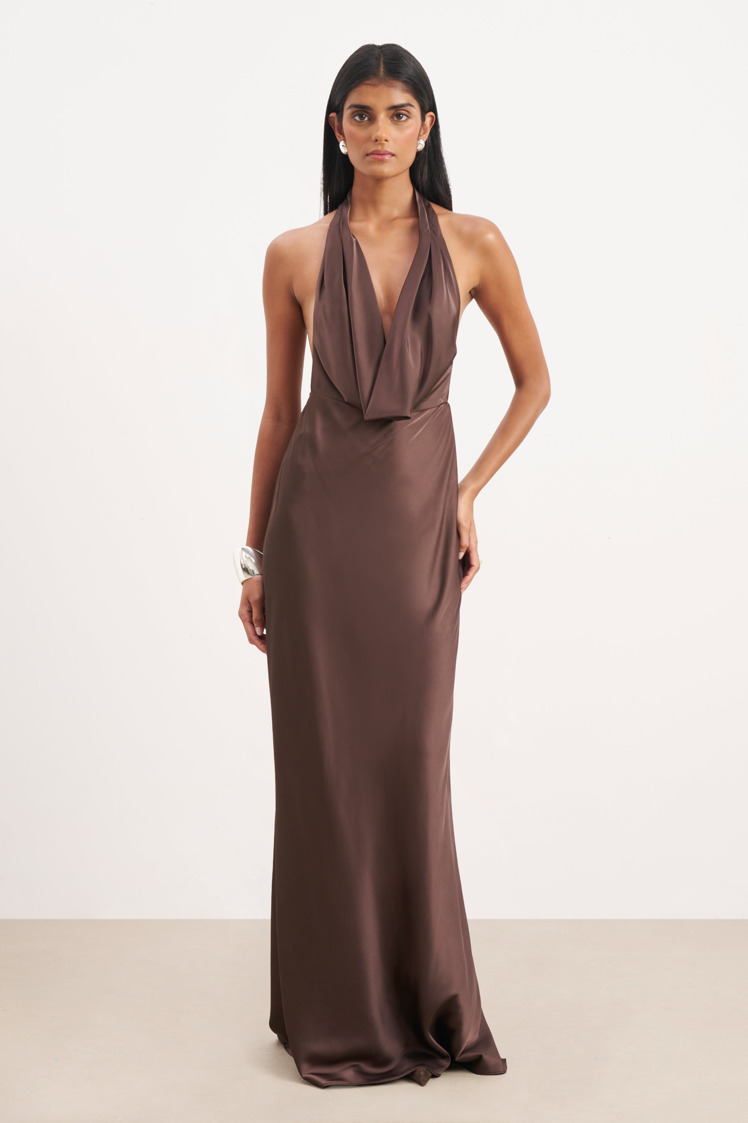 Satin Plunging Cowl Neck Maxi Dress - Carob