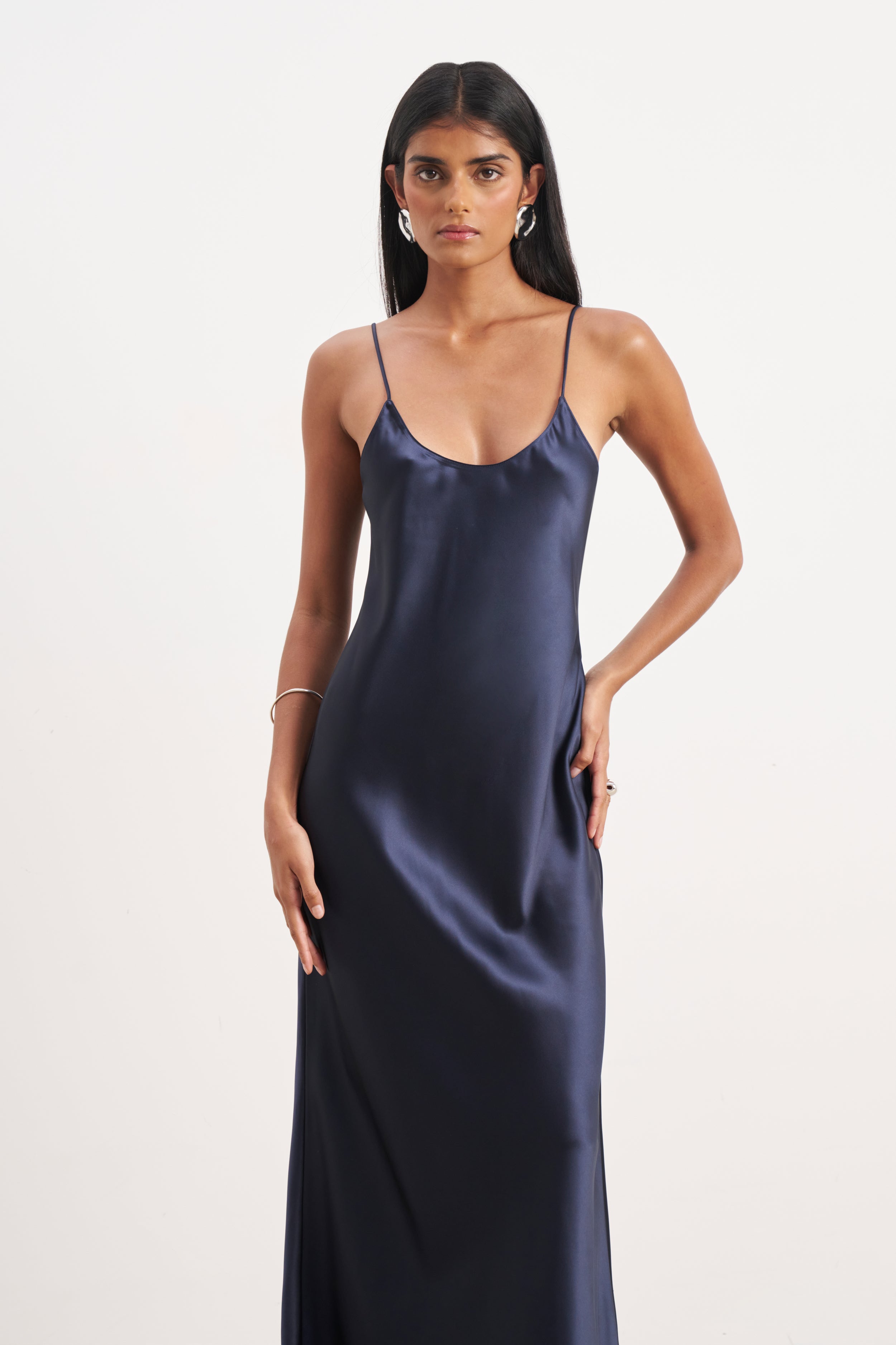 Satin Scoop Neck Camisole Maxi Dress - Navy
