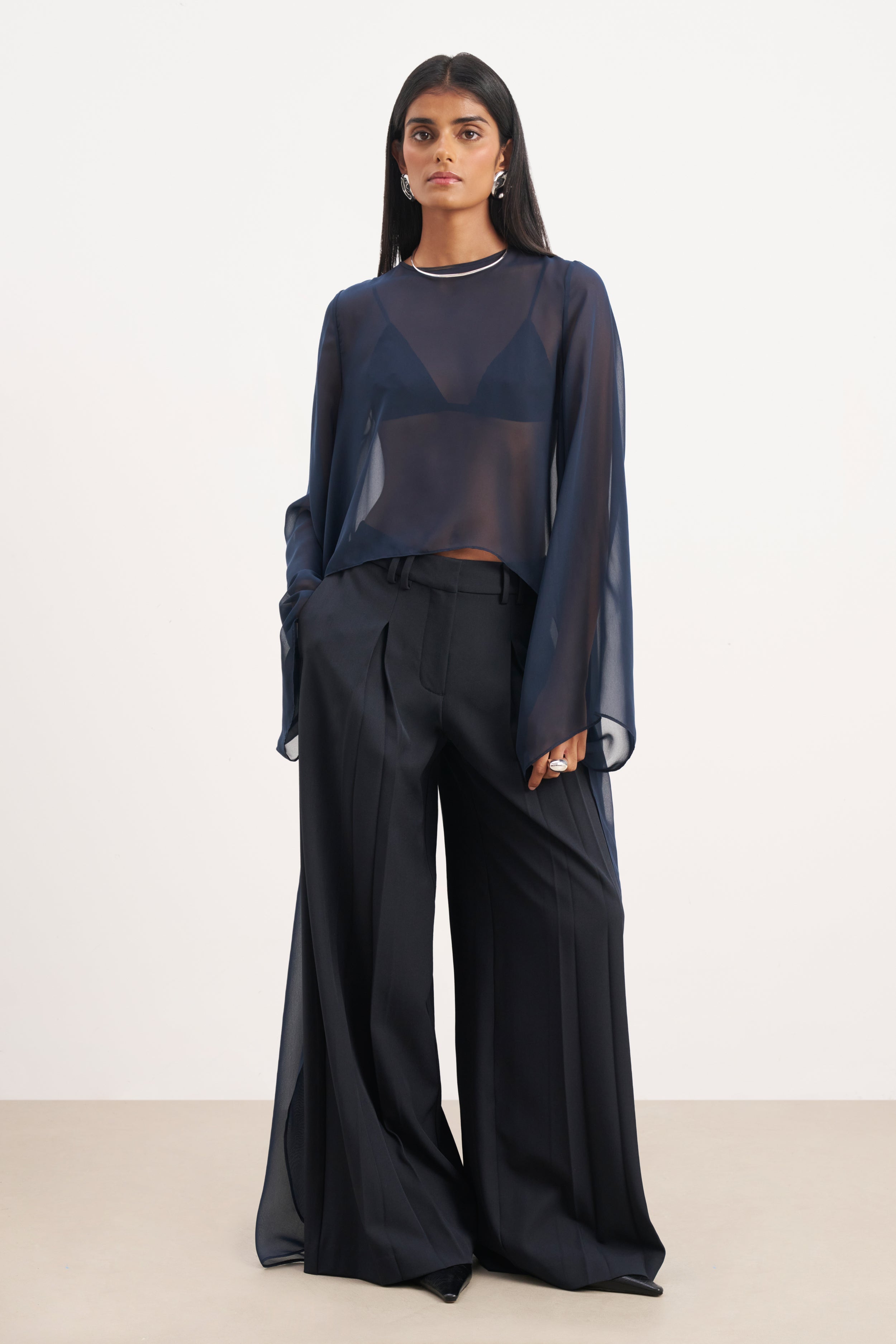 Box Pleat Tailored Wide Leg Trousers - Navy