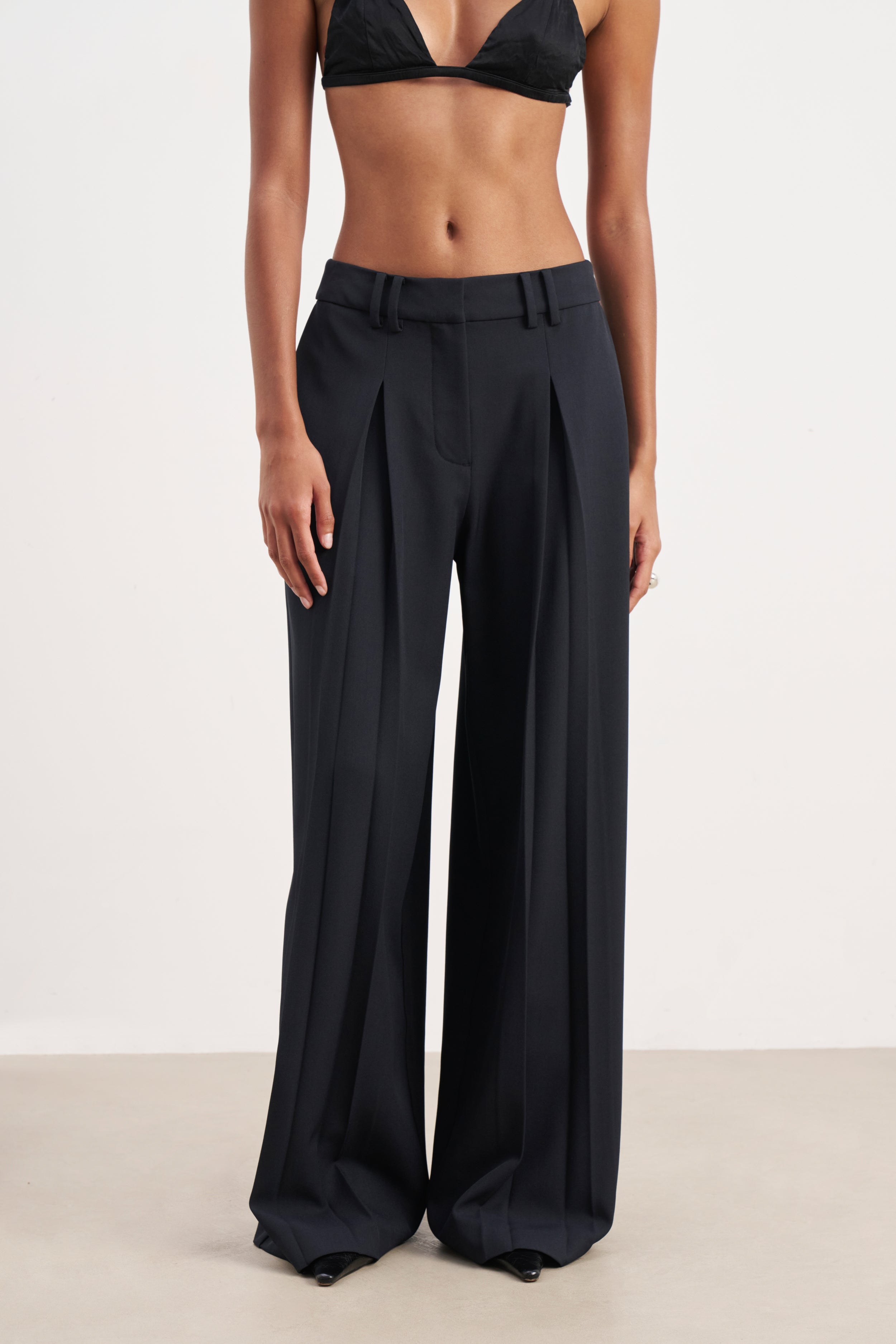Box Pleat Tailored Wide Leg Trousers - Navy