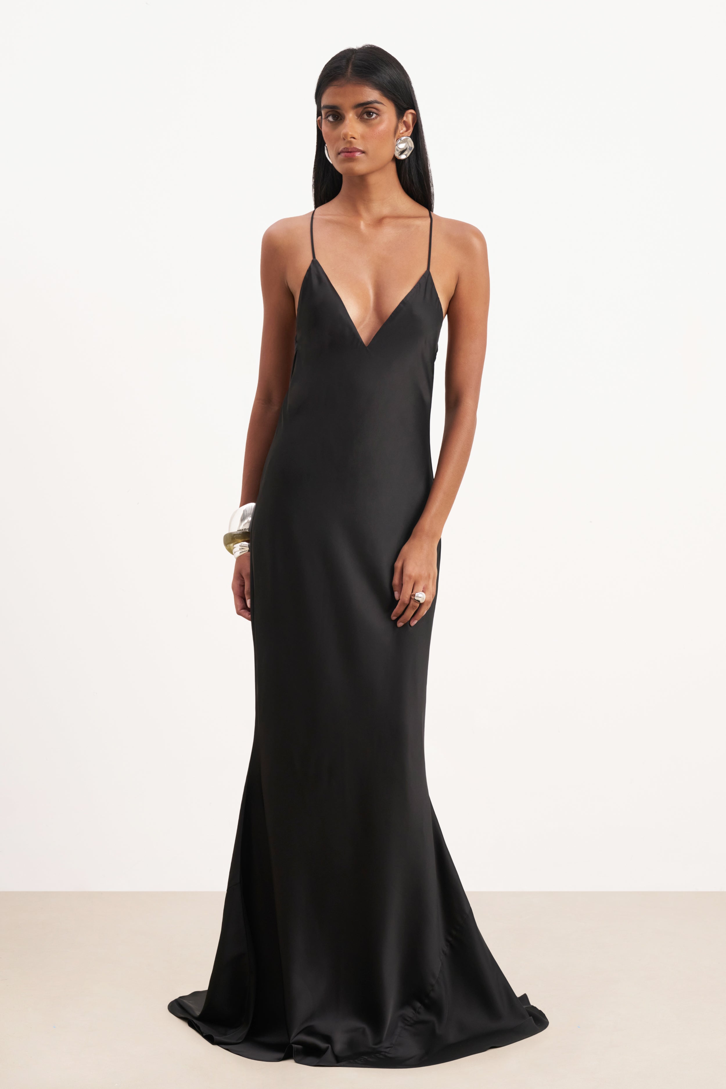 Satin Slinky Cowl Back Gown - Black