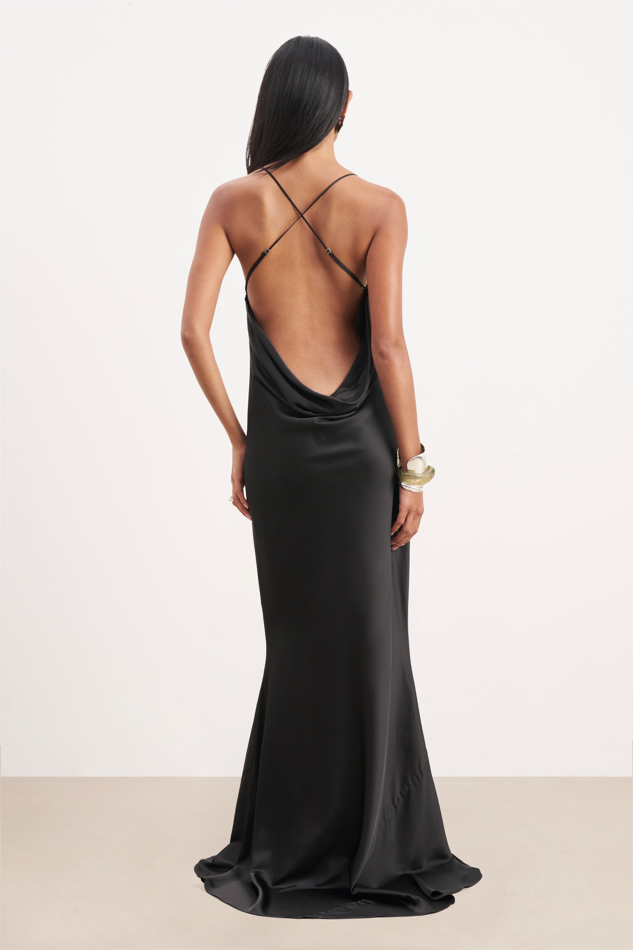 Satin Slinky Cowl Back Gown - Black