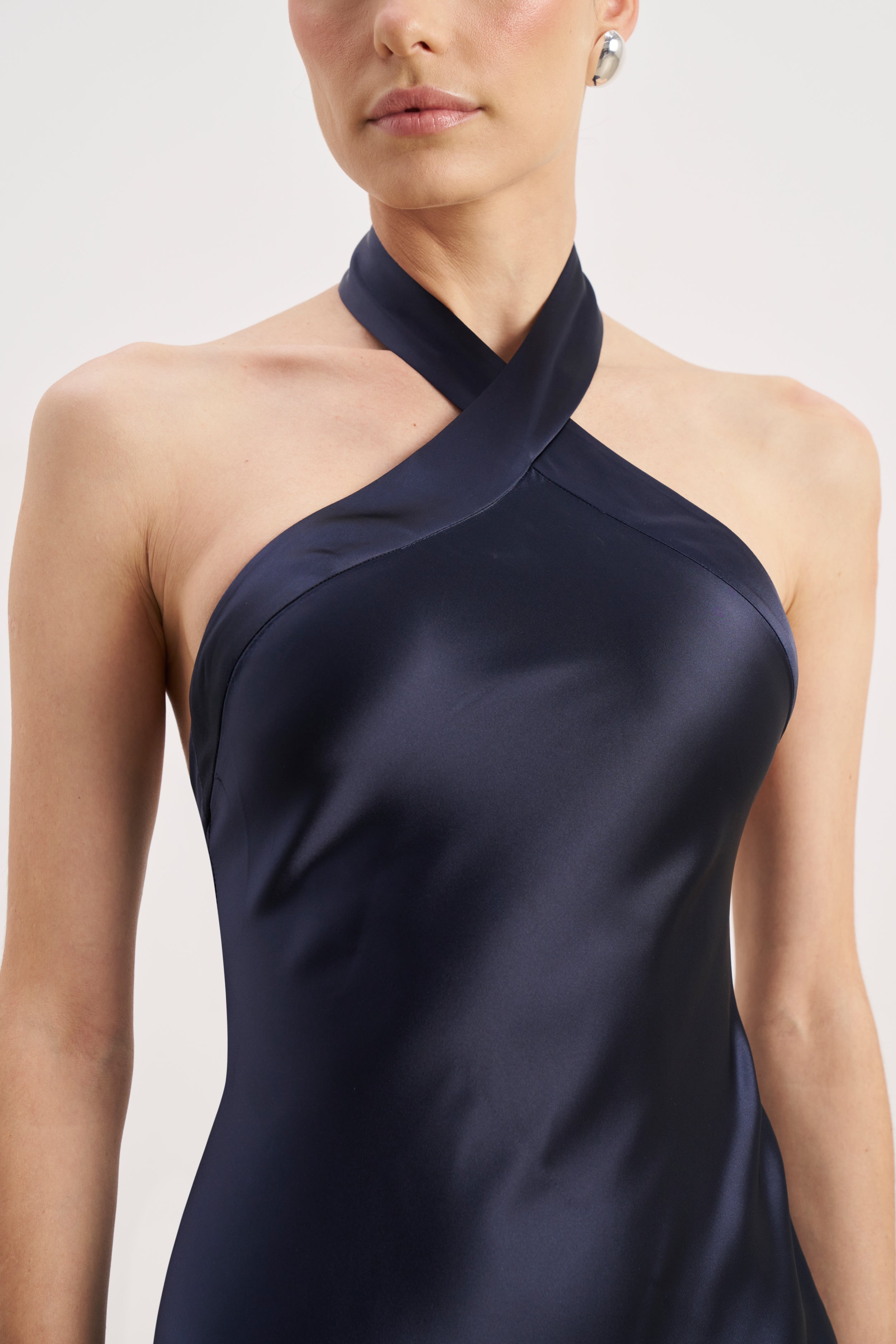 Satin Cross Strap Halter Gown - Navy
