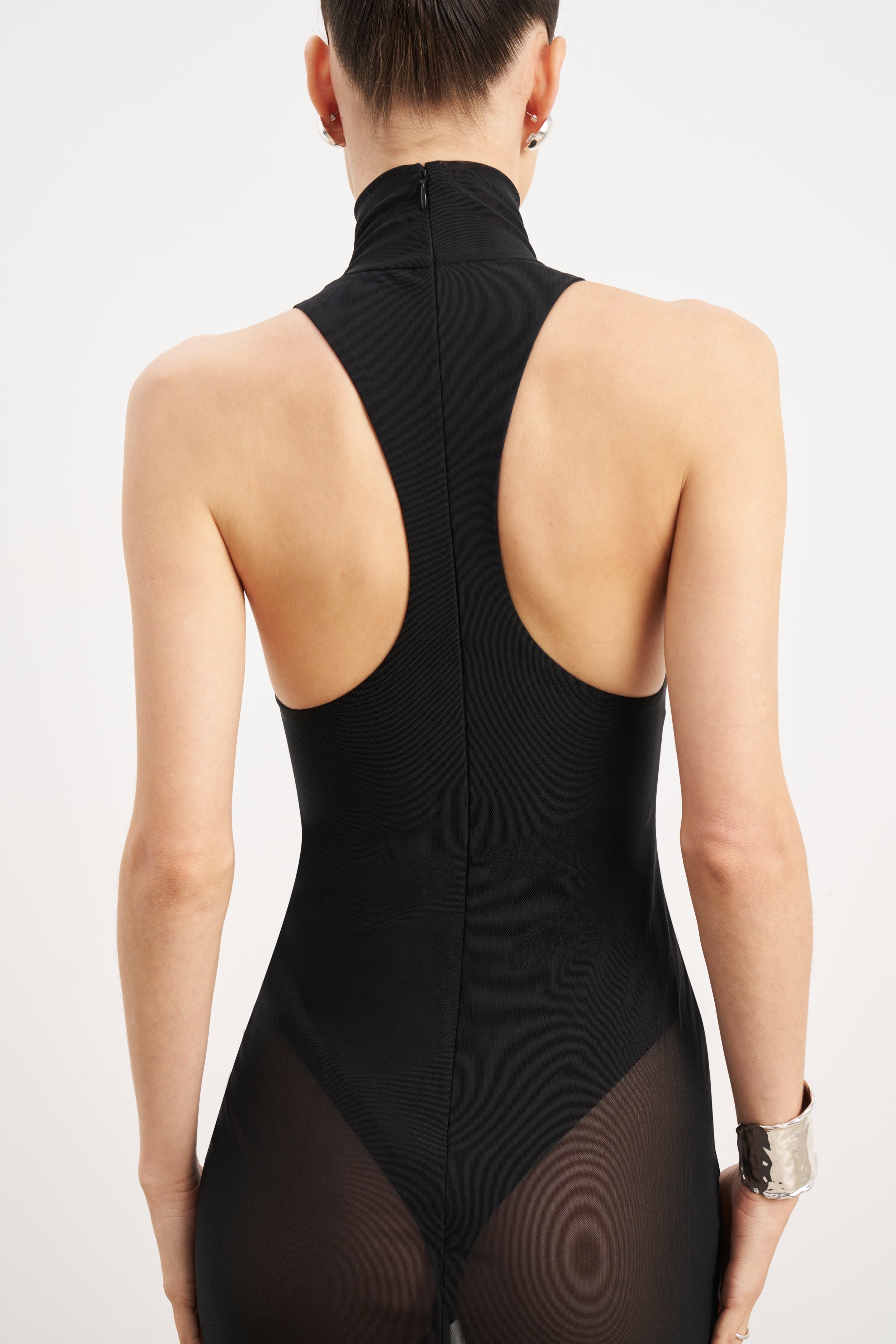 Sheer High Neck Racerback Gown - Black