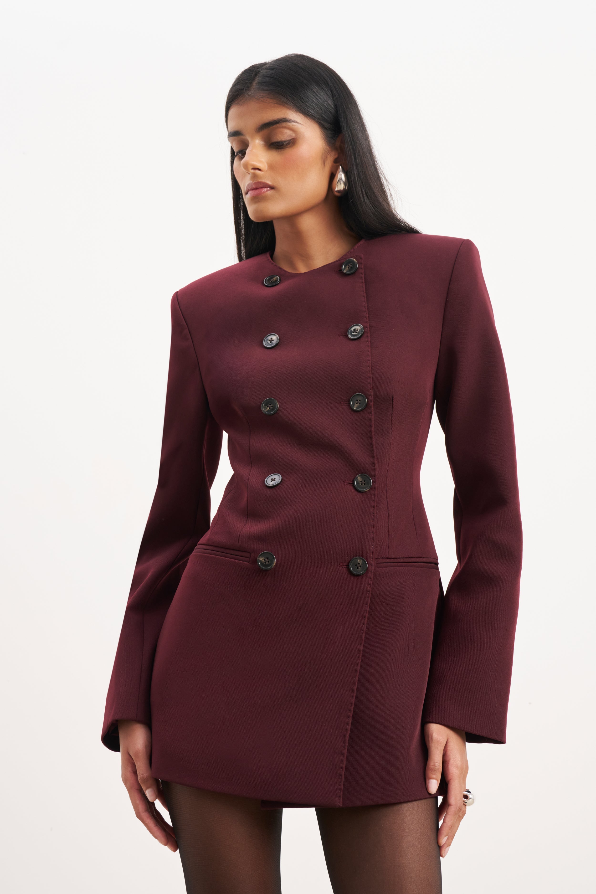 Tailored Collarless Blazer Dress - Mulberry