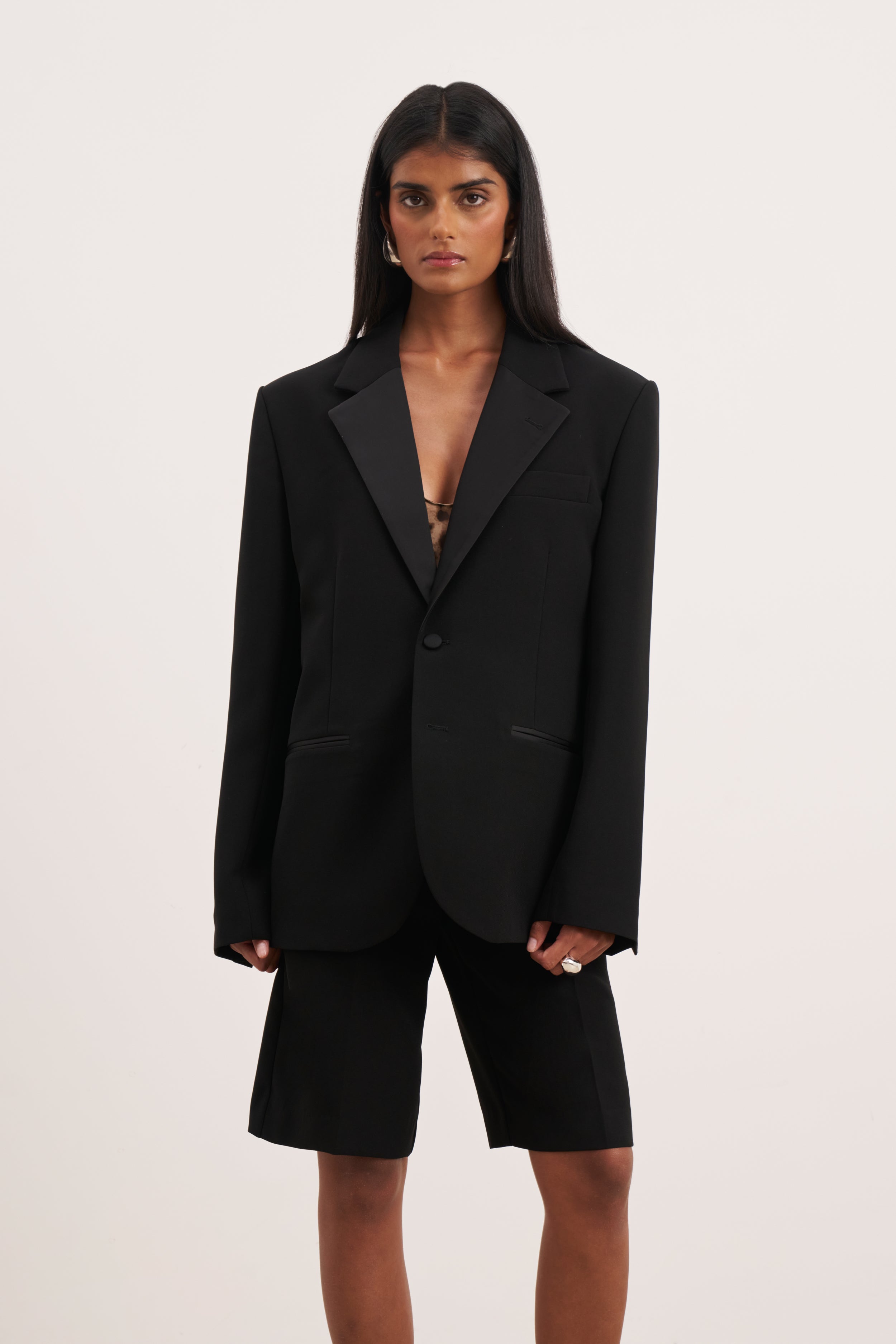 Satin Detail Single Breasted Blazer - Black