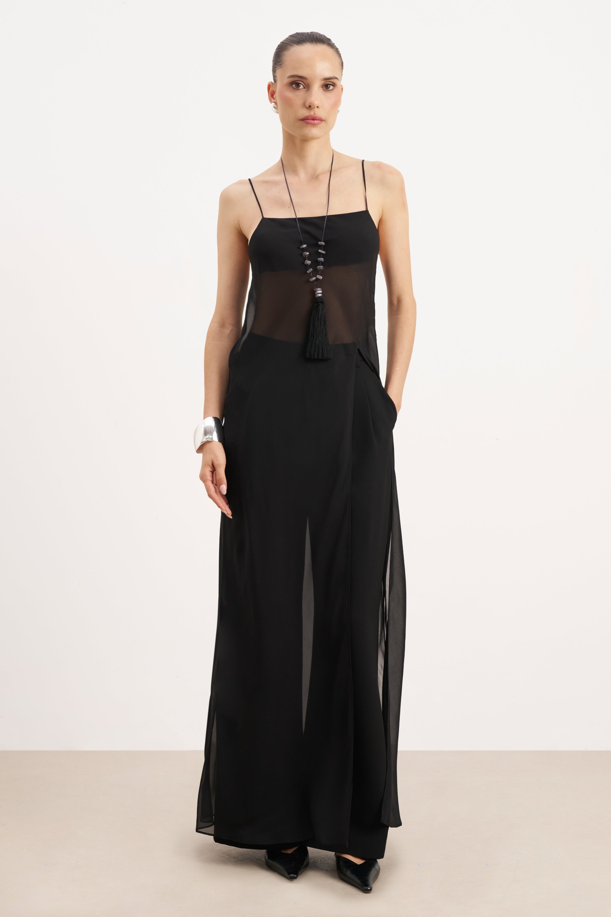 Sheer Chiffon Longline Camisole - Black