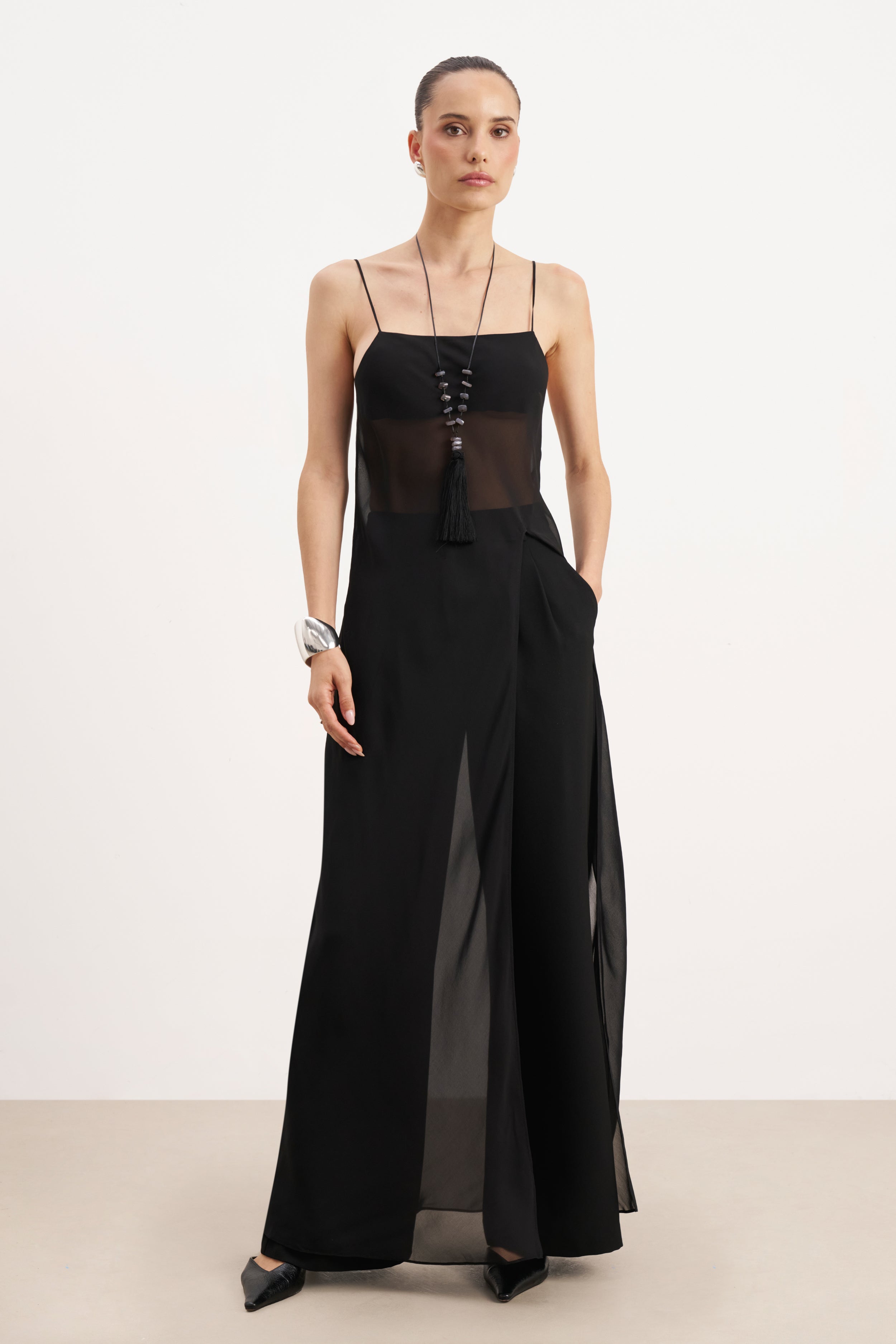 Sheer Chiffon Longline Camisole - Black