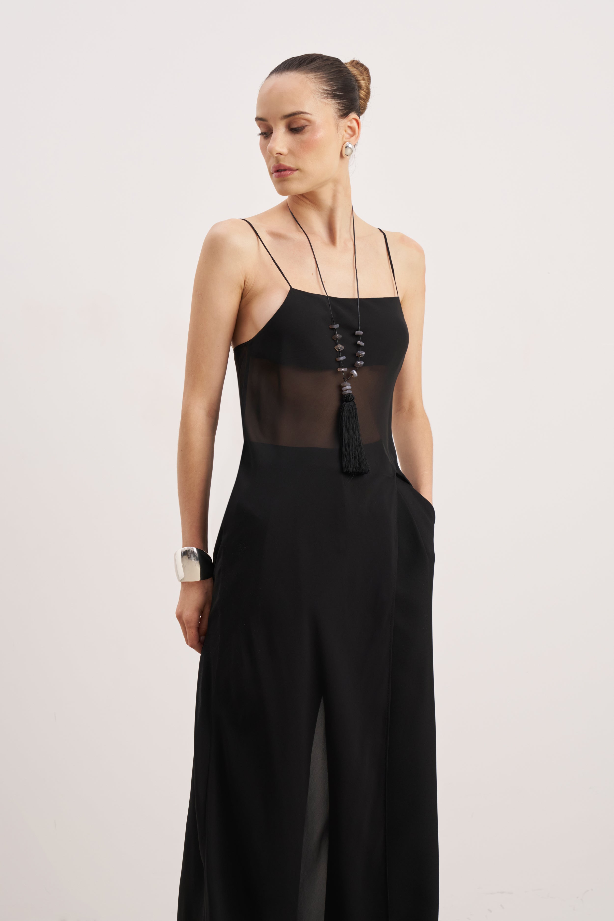 Sheer Chiffon Longline Camisole - Black