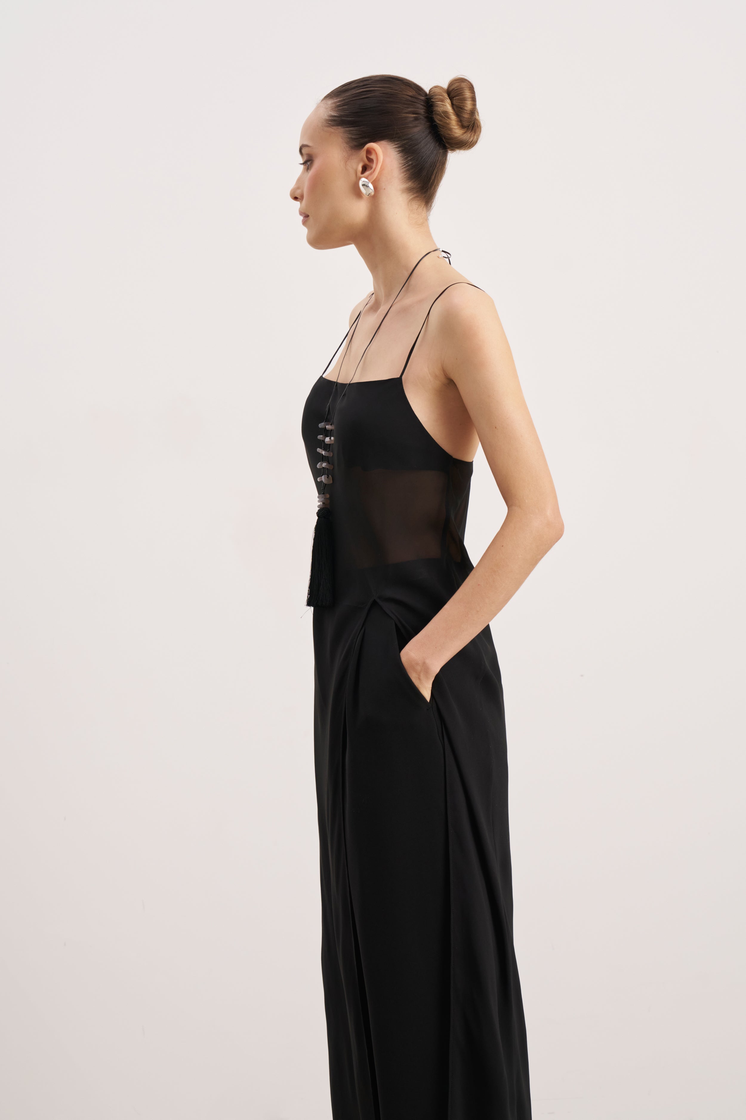 Sheer Chiffon Longline Camisole - Black