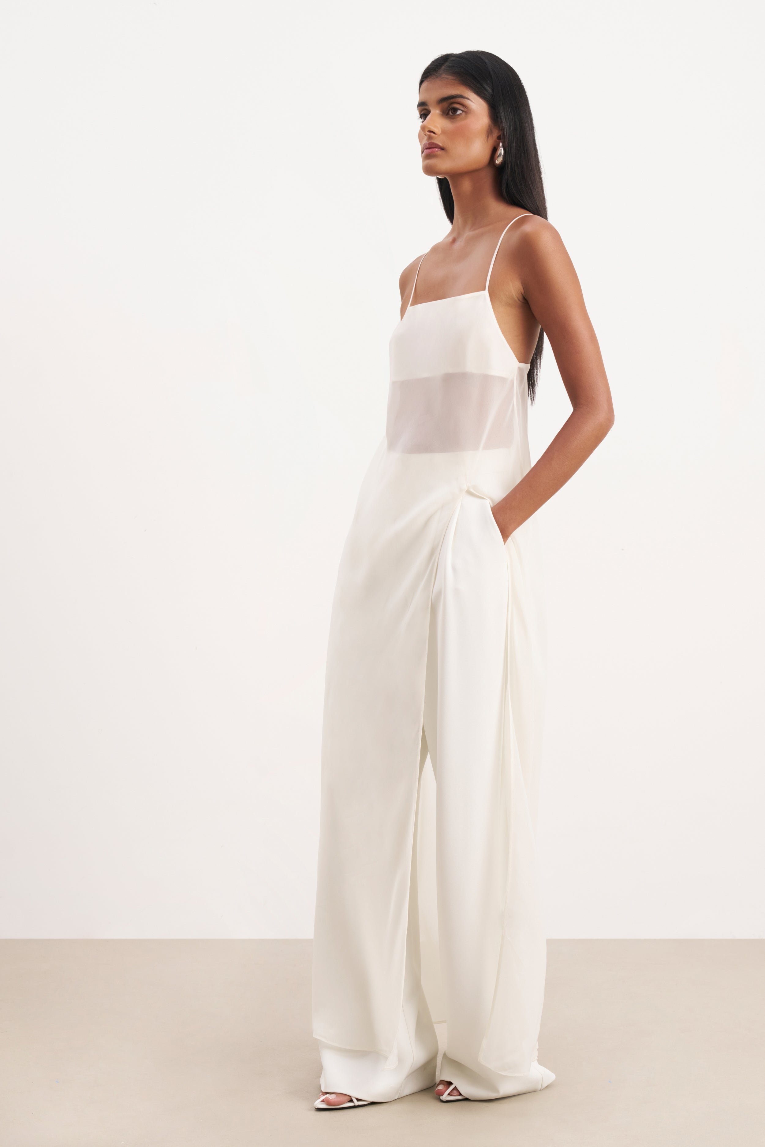 Sheer Chiffon Longline Camisole - Cream