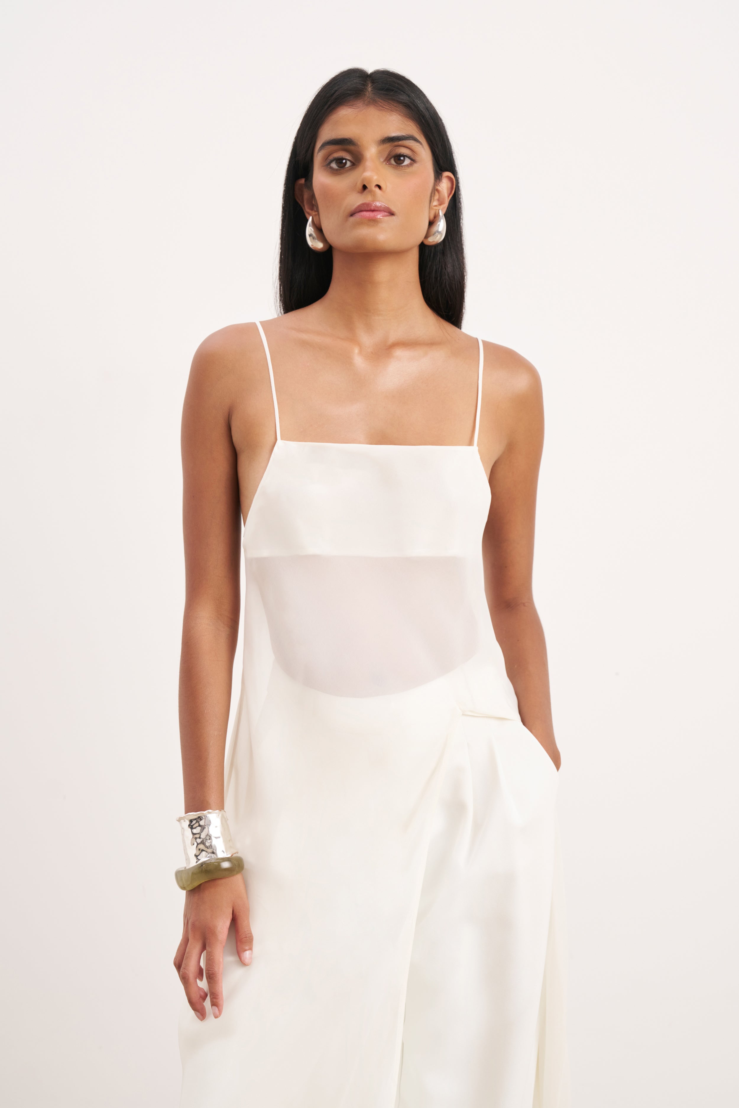 Sheer Chiffon Longline Camisole - Cream