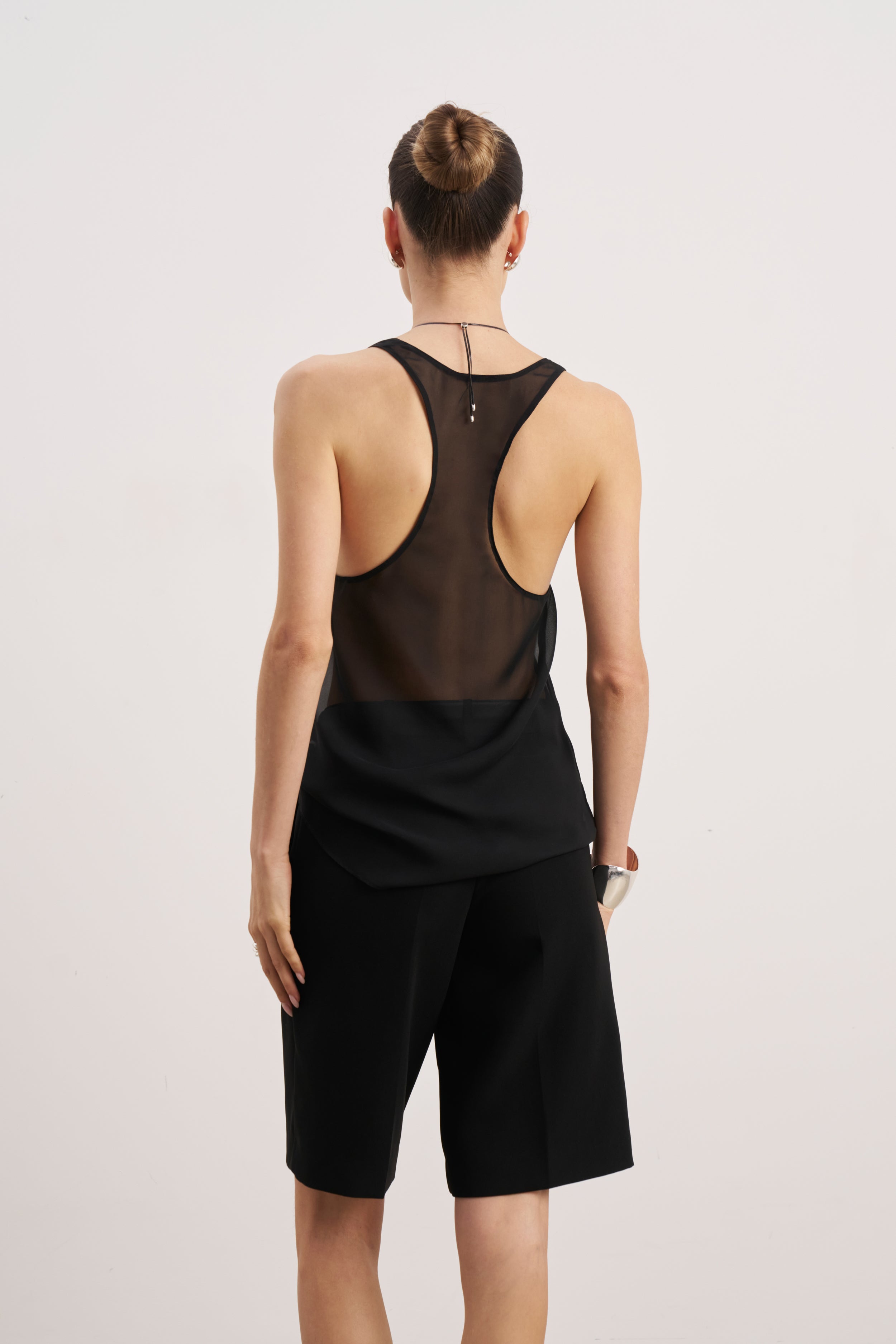 Sheer Plunge U Neck Tank Top - Black