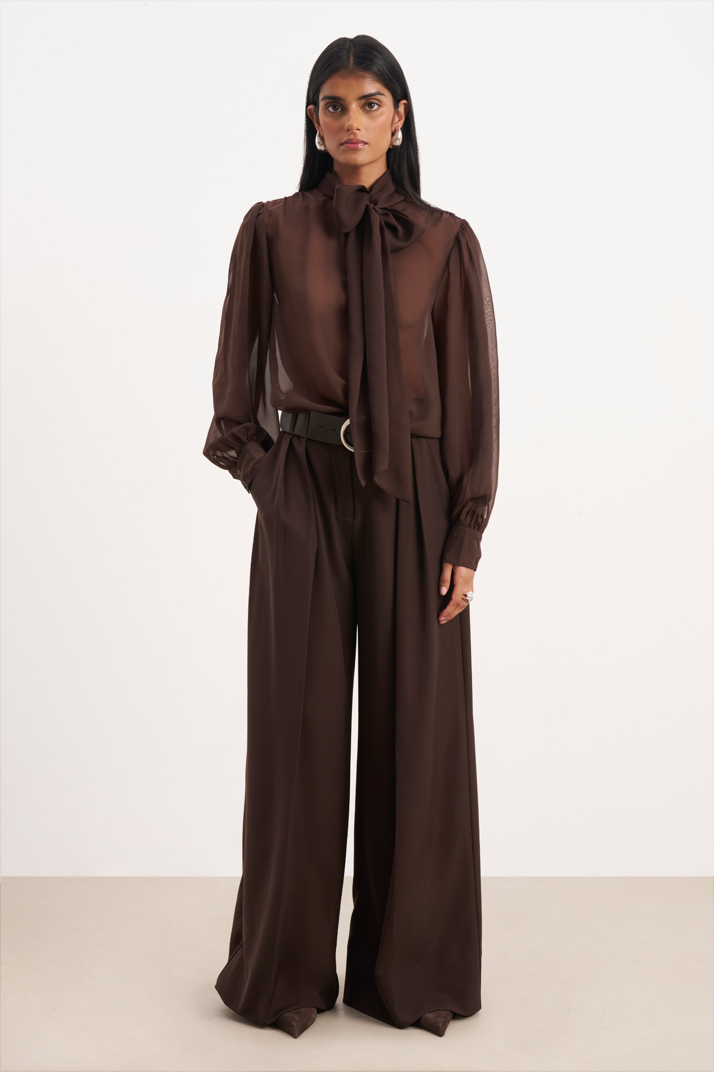 Sheer Chiffon Tie Neck Blouse - Carob