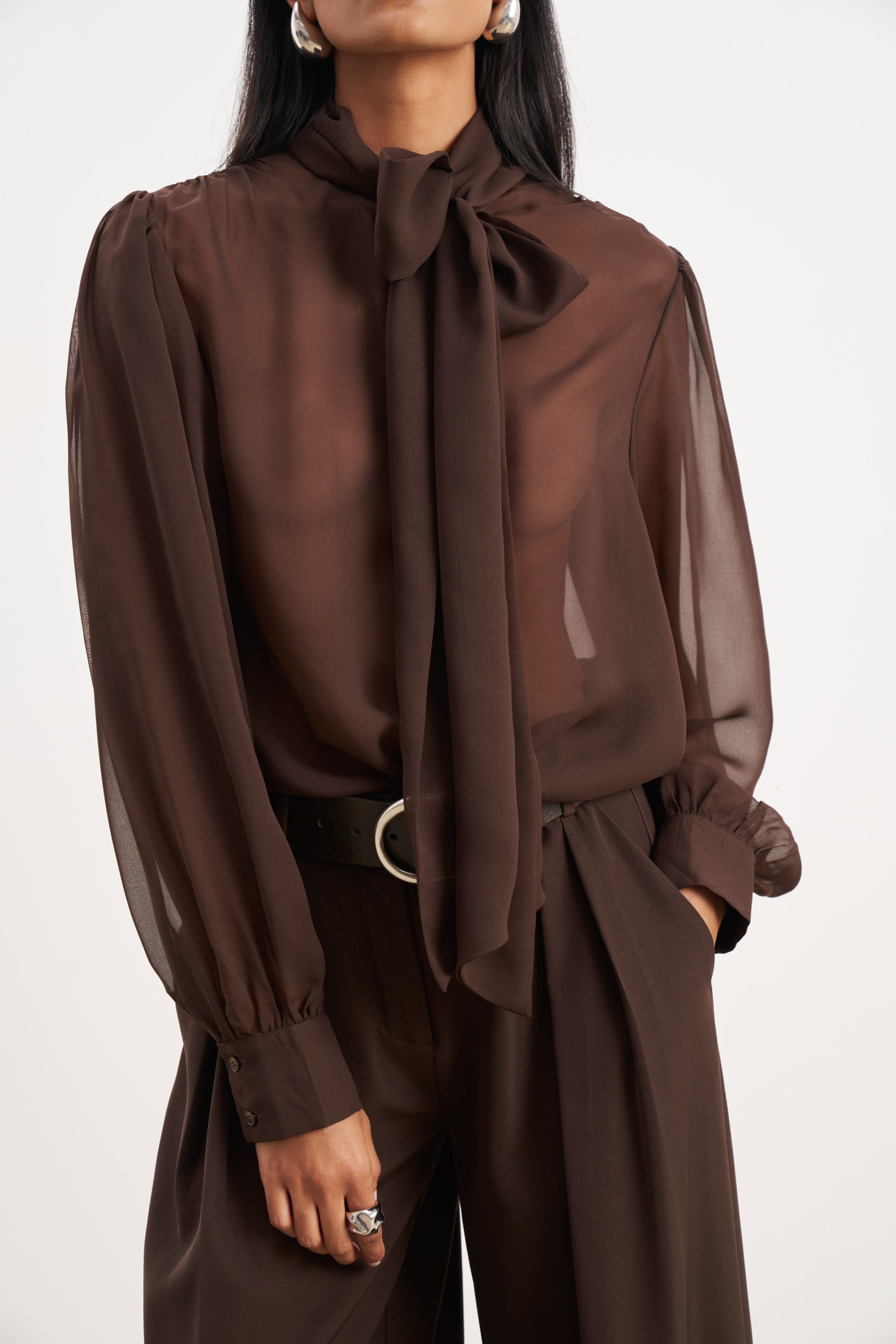 Sheer Chiffon Tie Neck Blouse - Carob