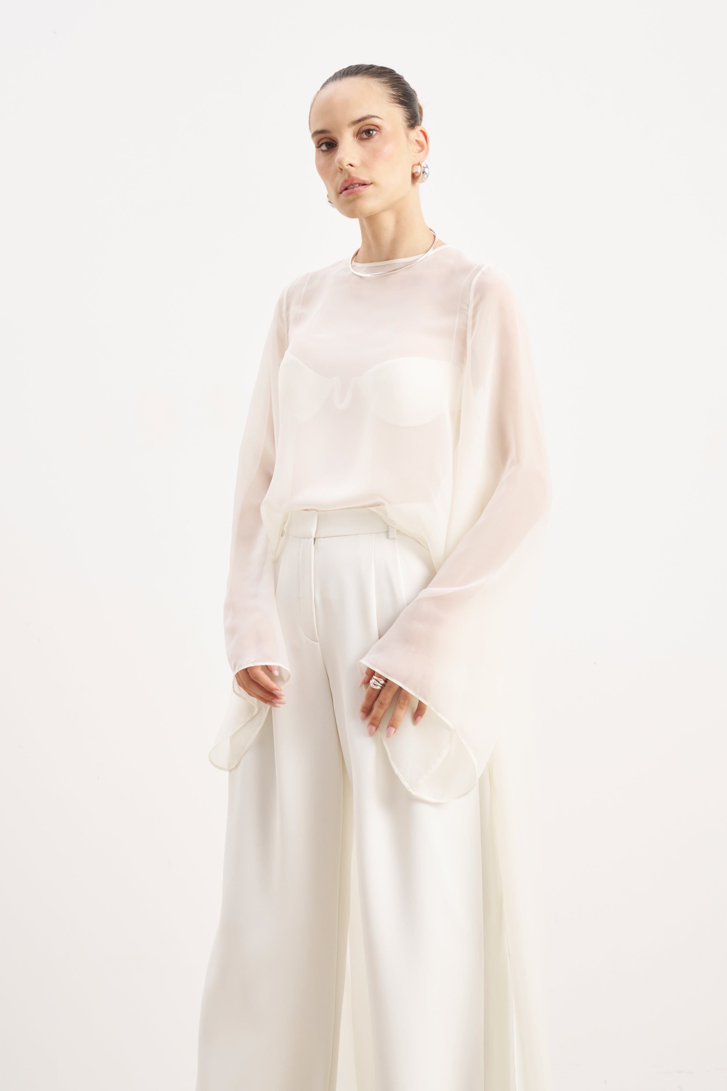 Sheer Chiffon Cape Blouse - Cream