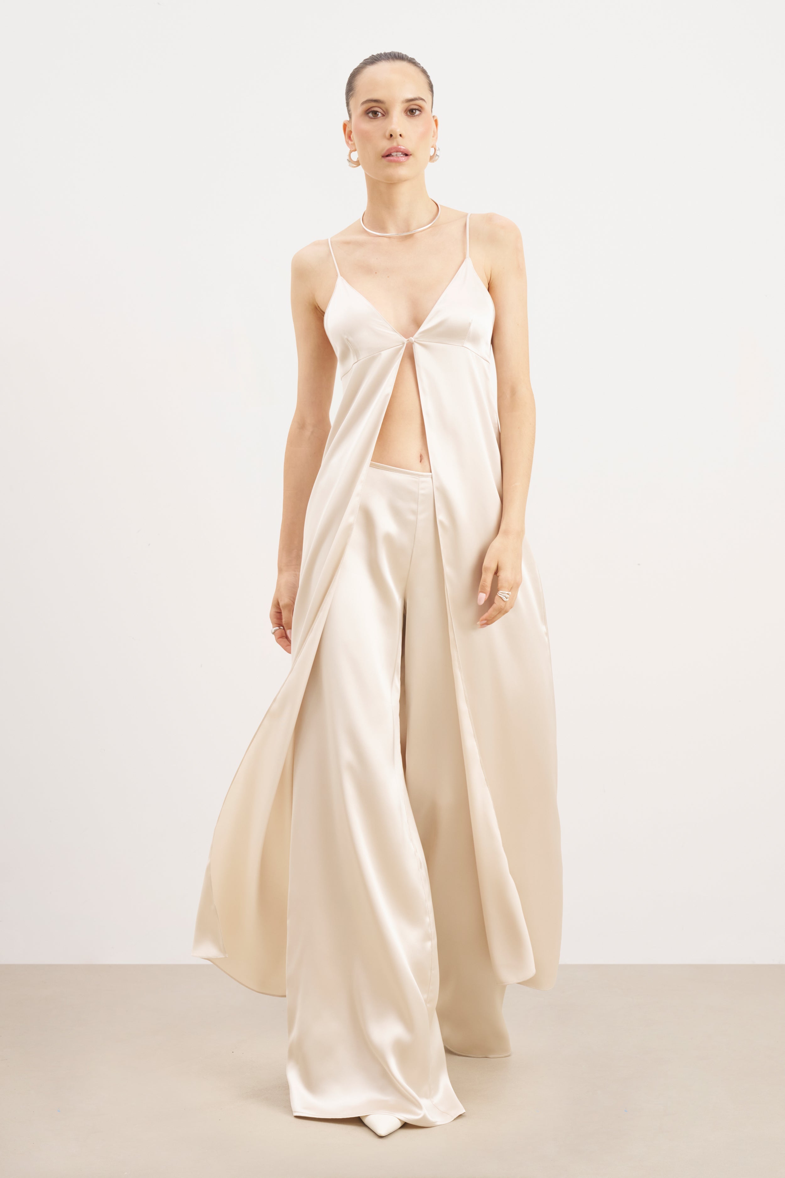 Formal Satin Ultra Wide Leg Trousers - Champagne