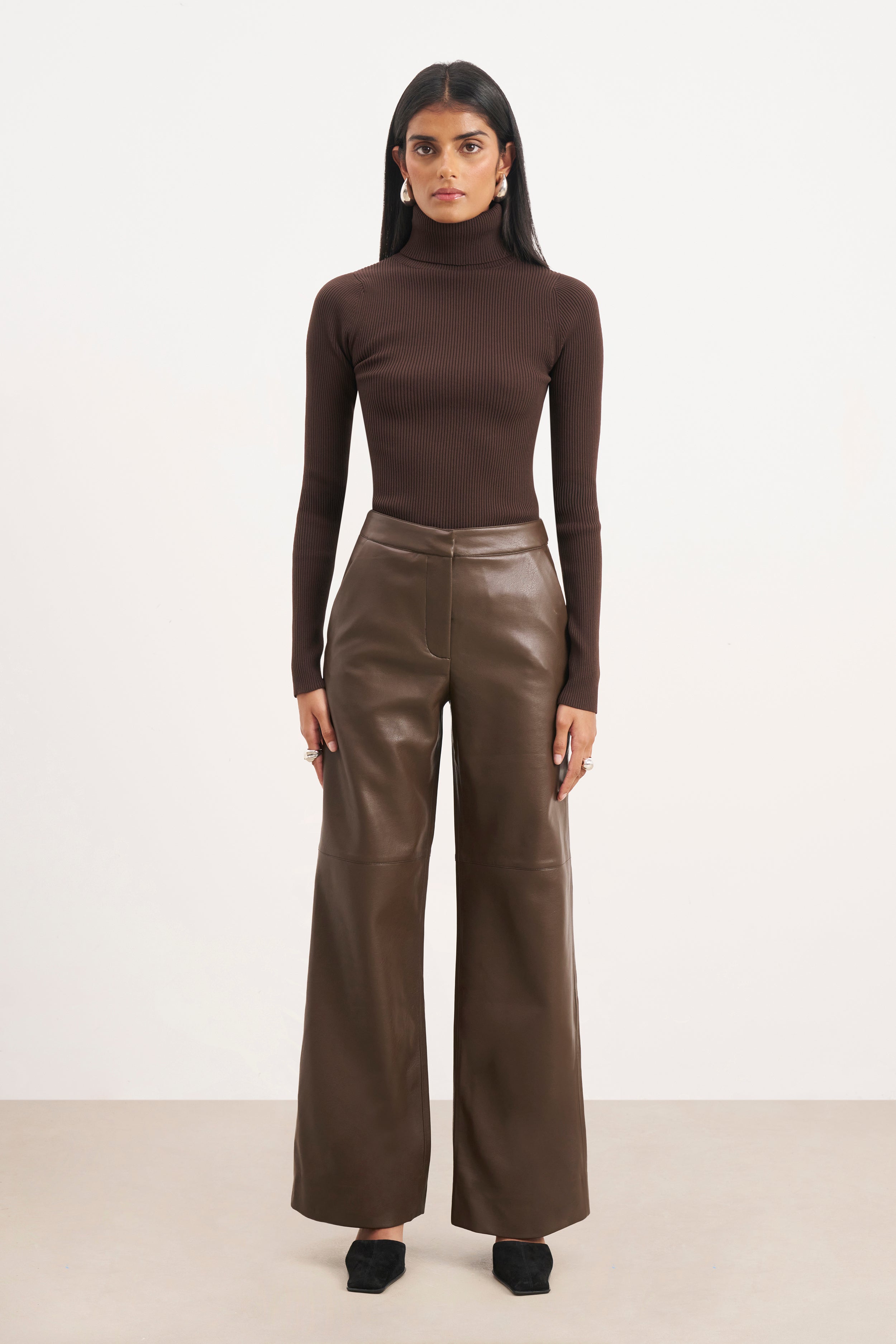 Tailored Leather Wide Leg Trousers - Carob