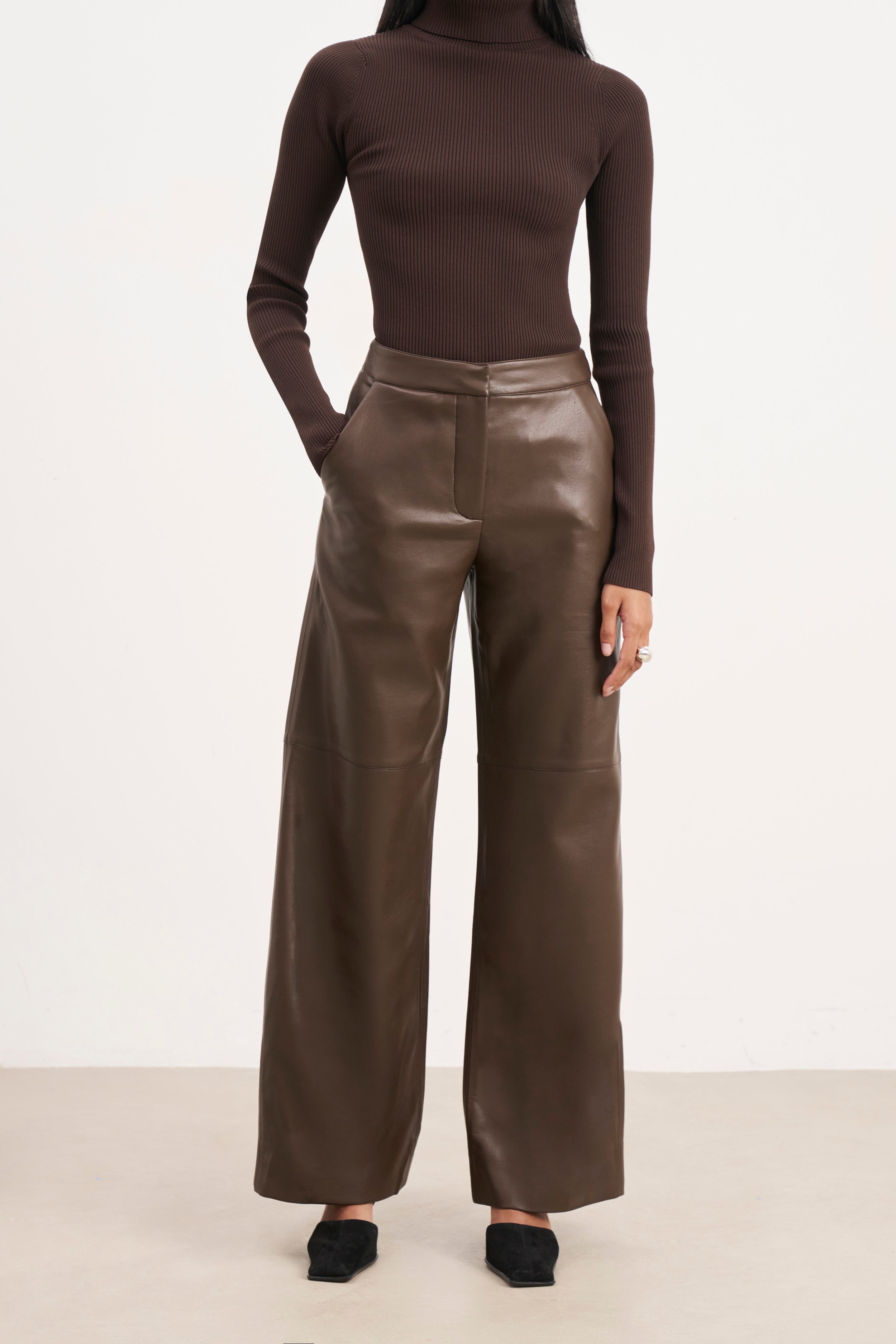 Tailored Leather Wide Leg Trousers - Carob