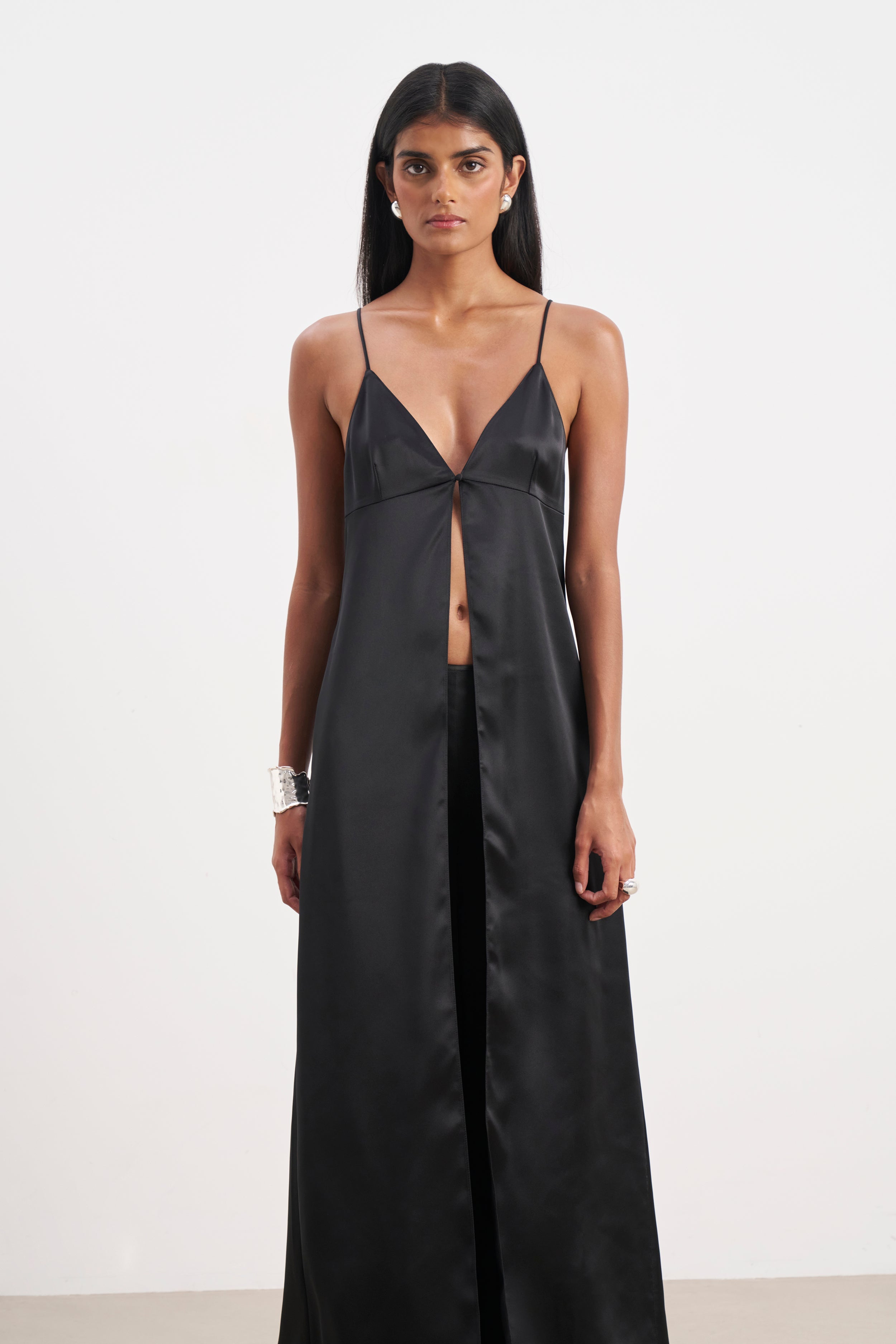 Satin V Neck Longline Camisole - Black