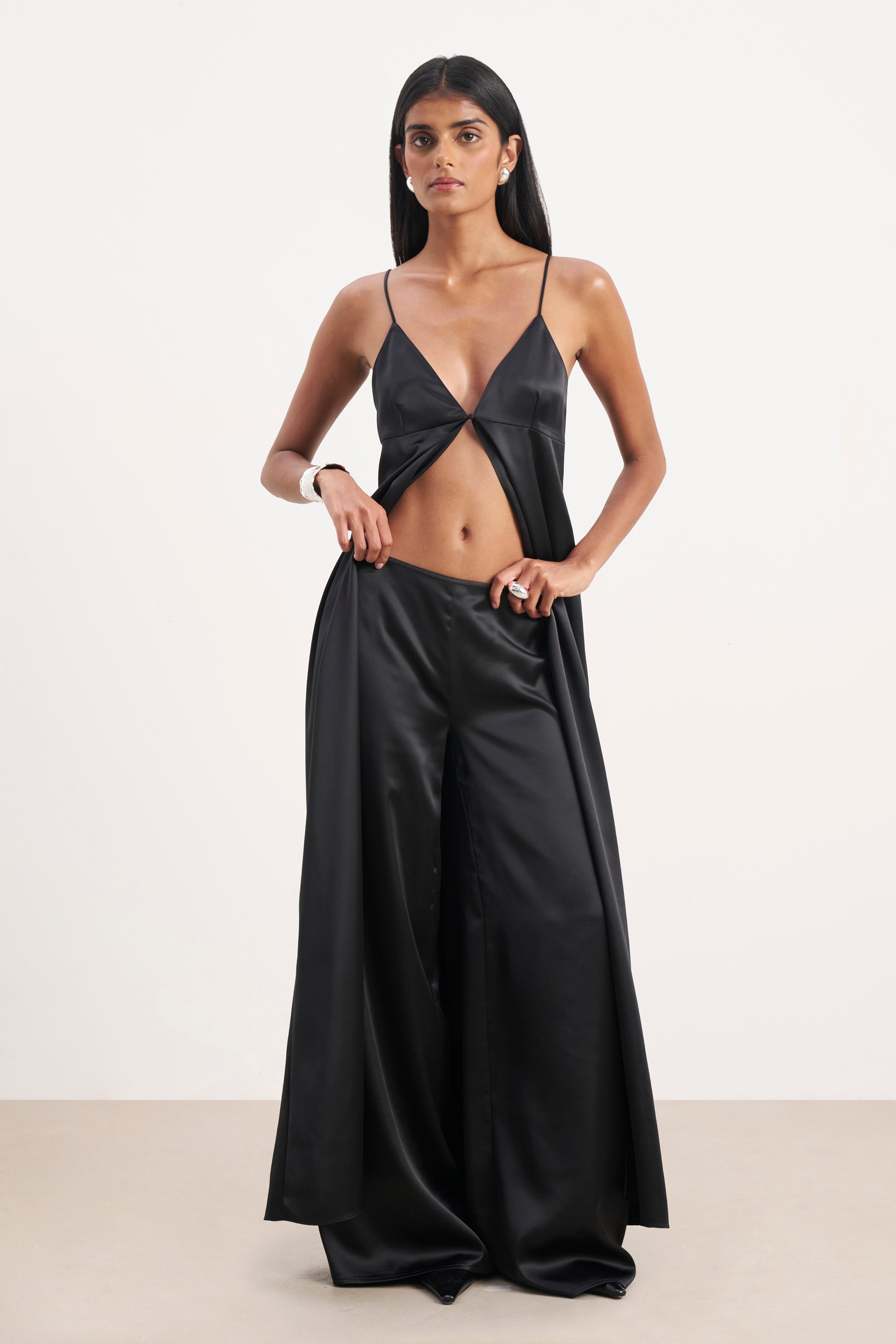 Formal Satin Ultra Wide Leg Trousers - Black