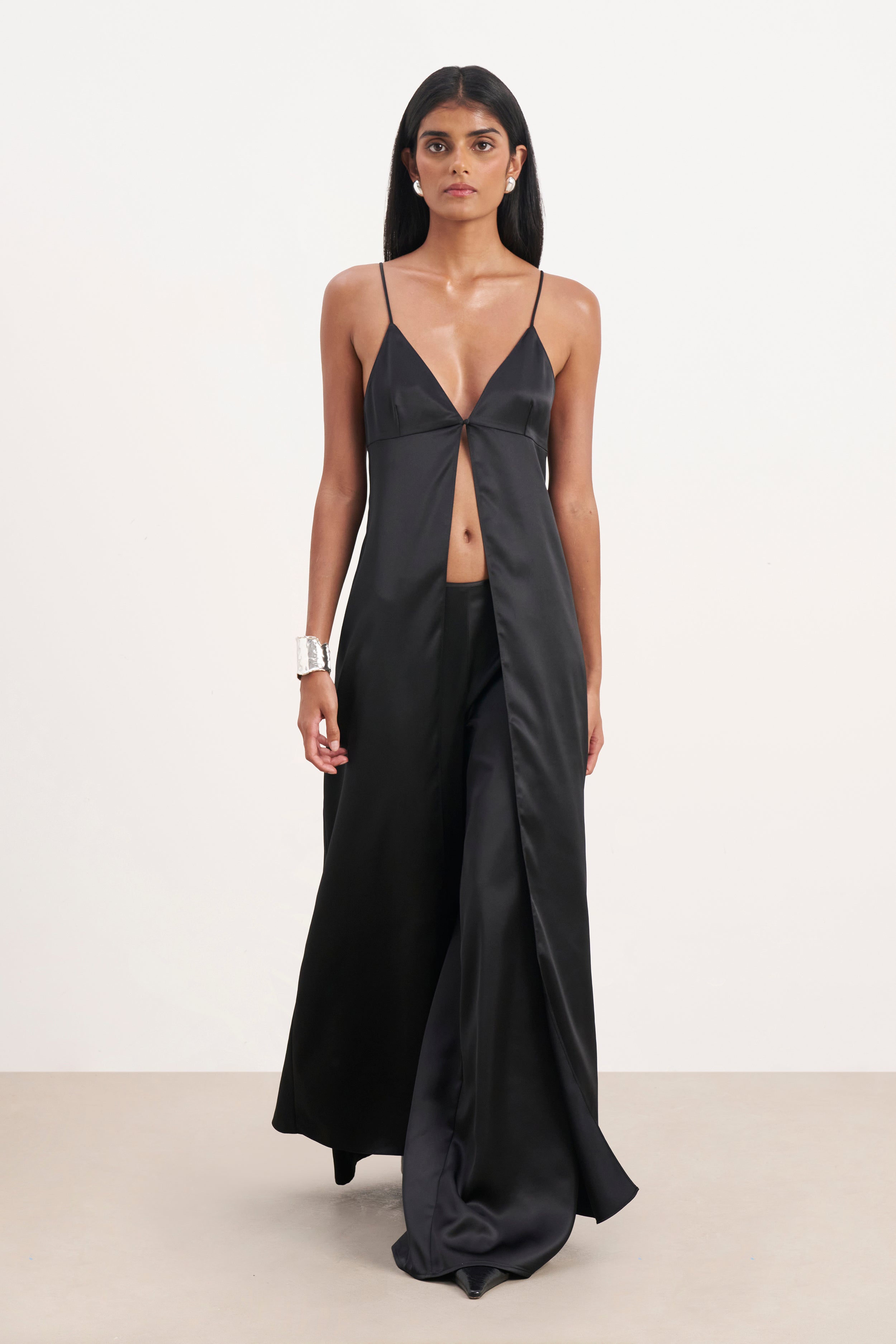 Satin V Neck Longline Camisole - Black