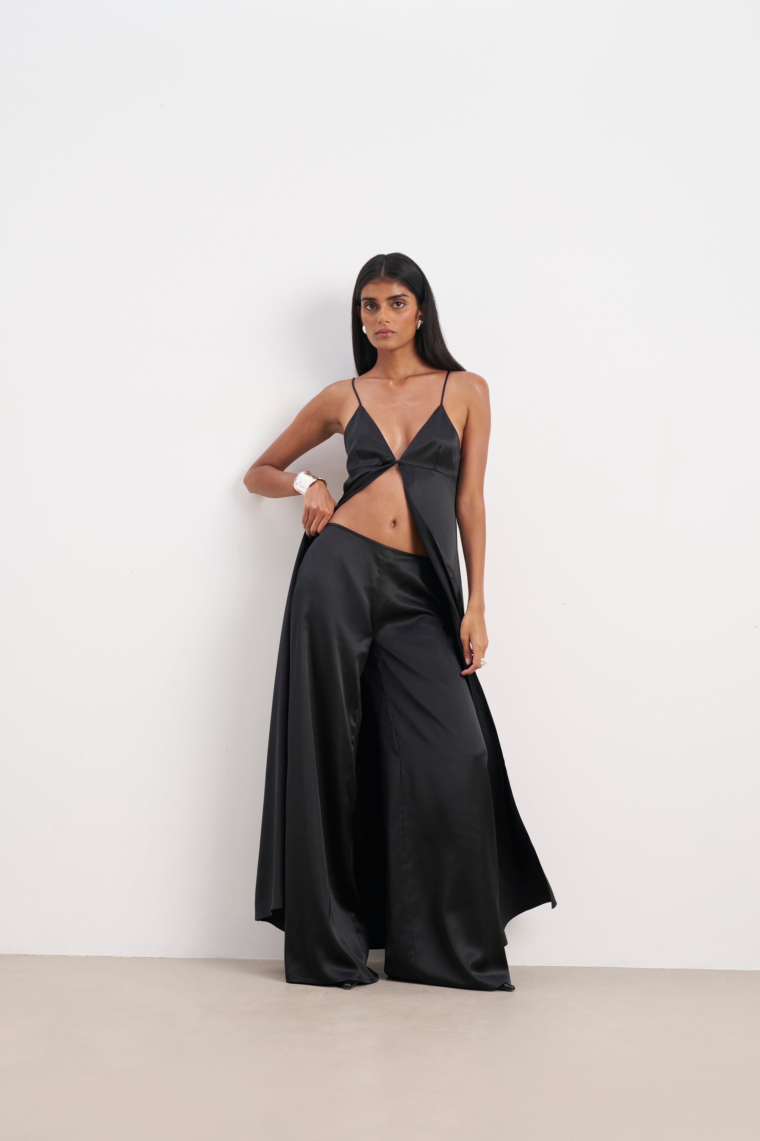 Formal Satin Ultra Wide Leg Trousers - Black