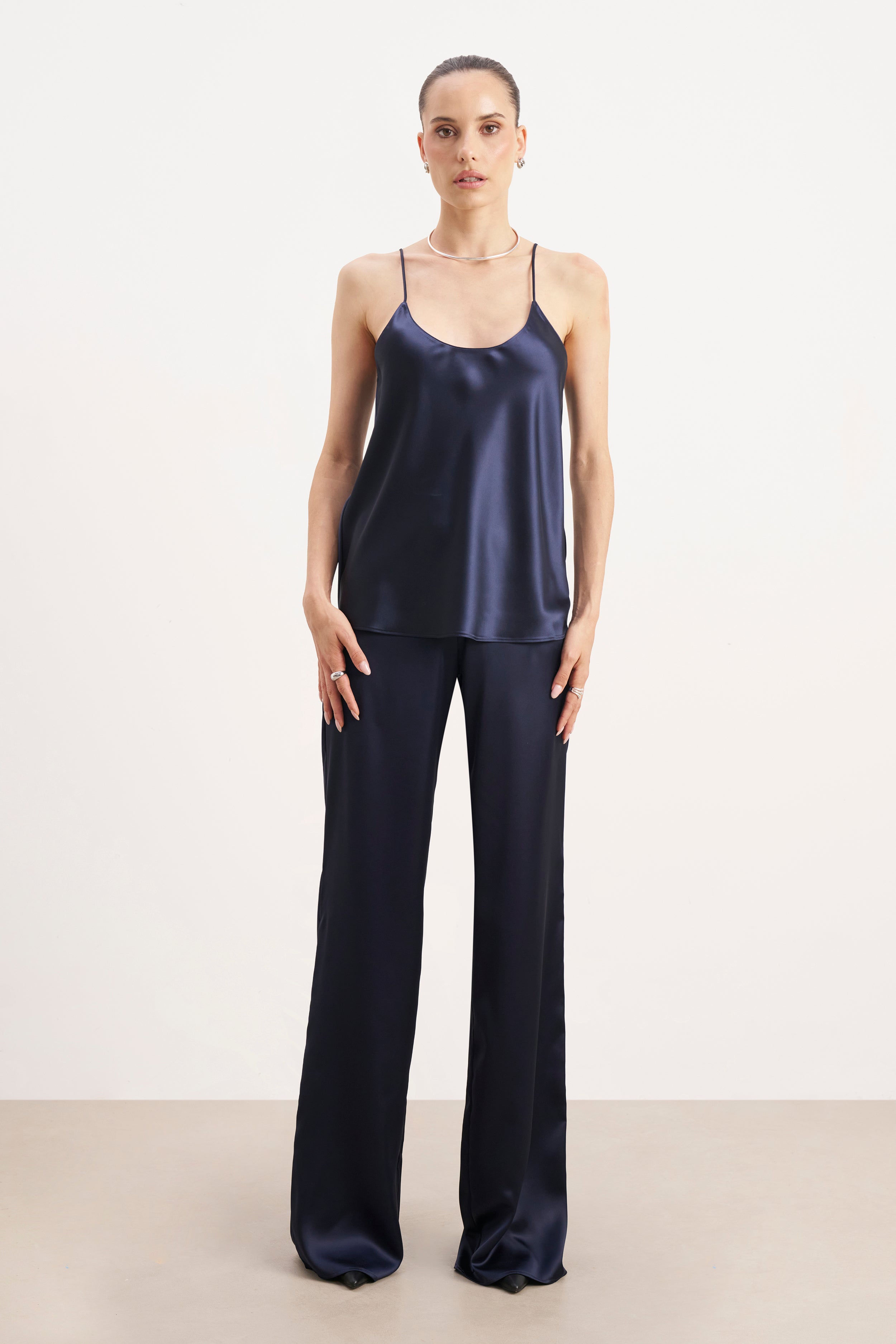 Formal Satin Straight Leg Trousers - Navy