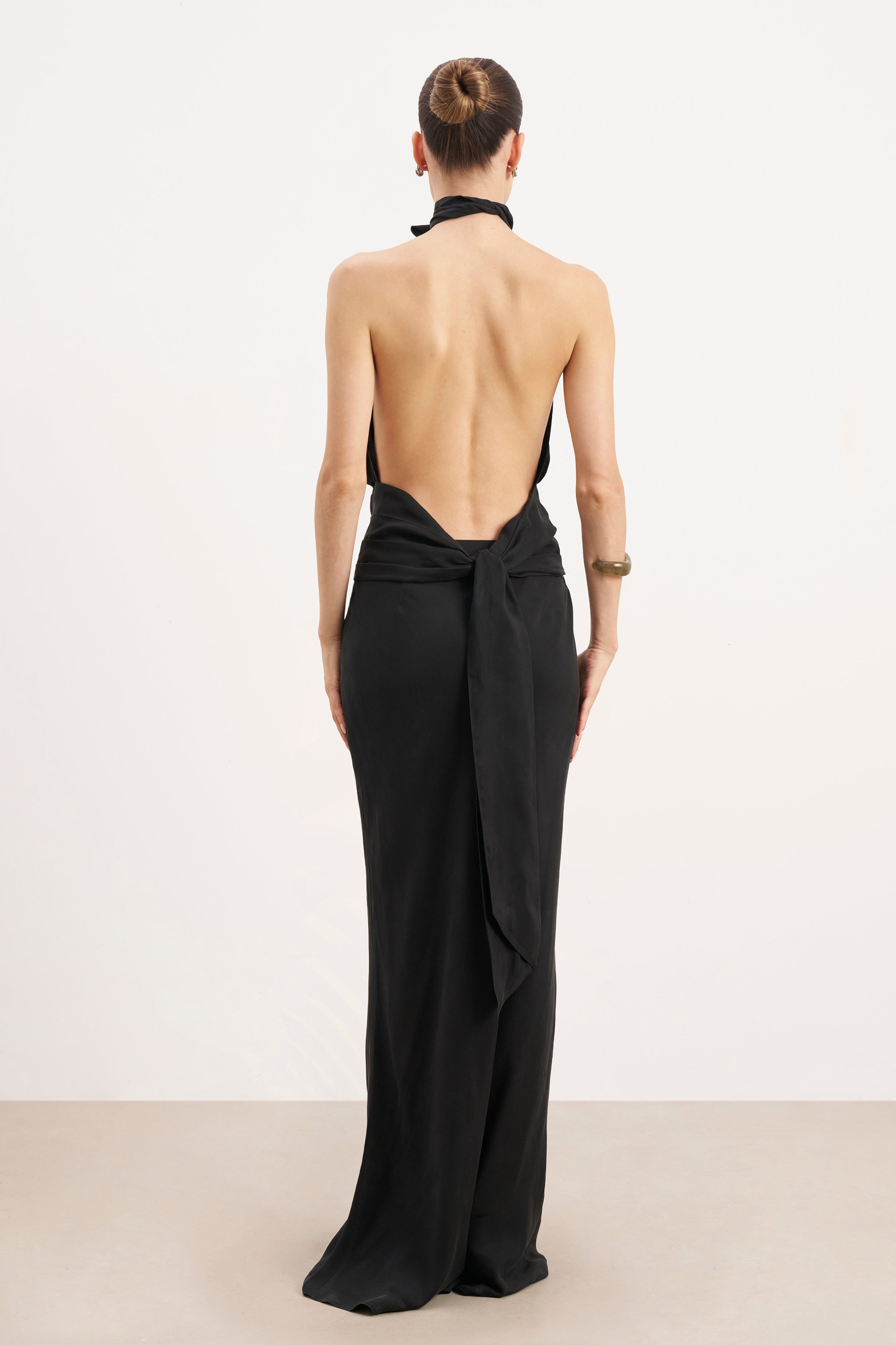 Cupro Backless Belted Halterneck Top - Black