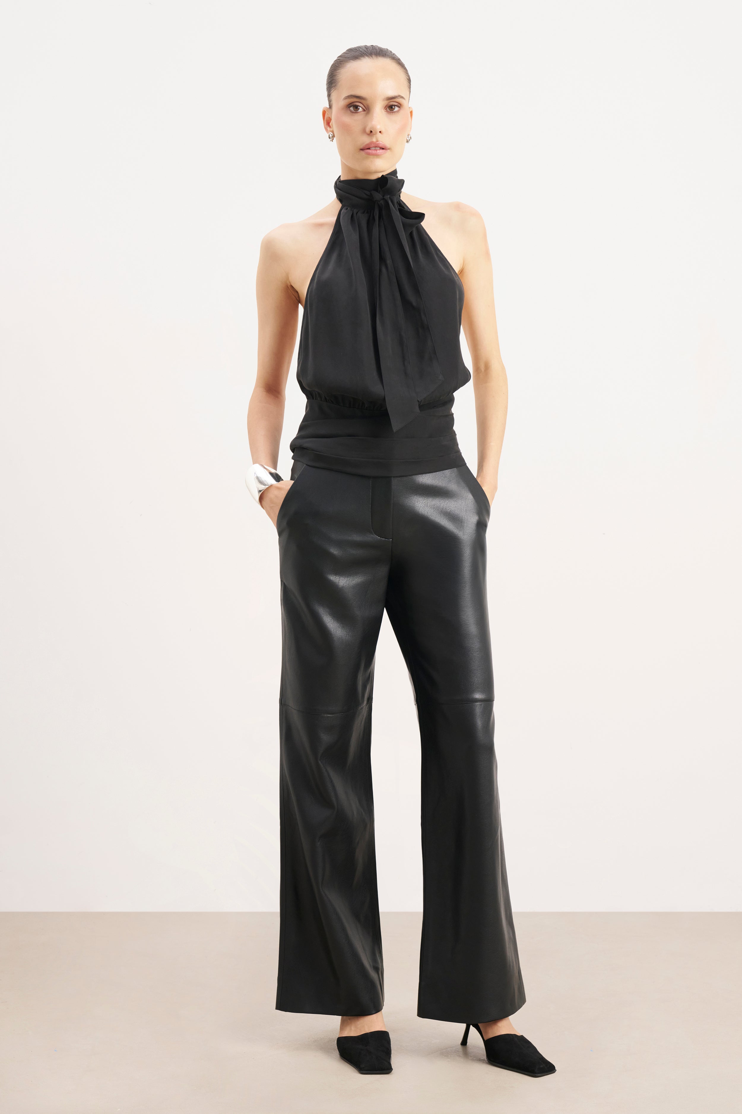 Tailored Leather Wide Leg Trousers - Black