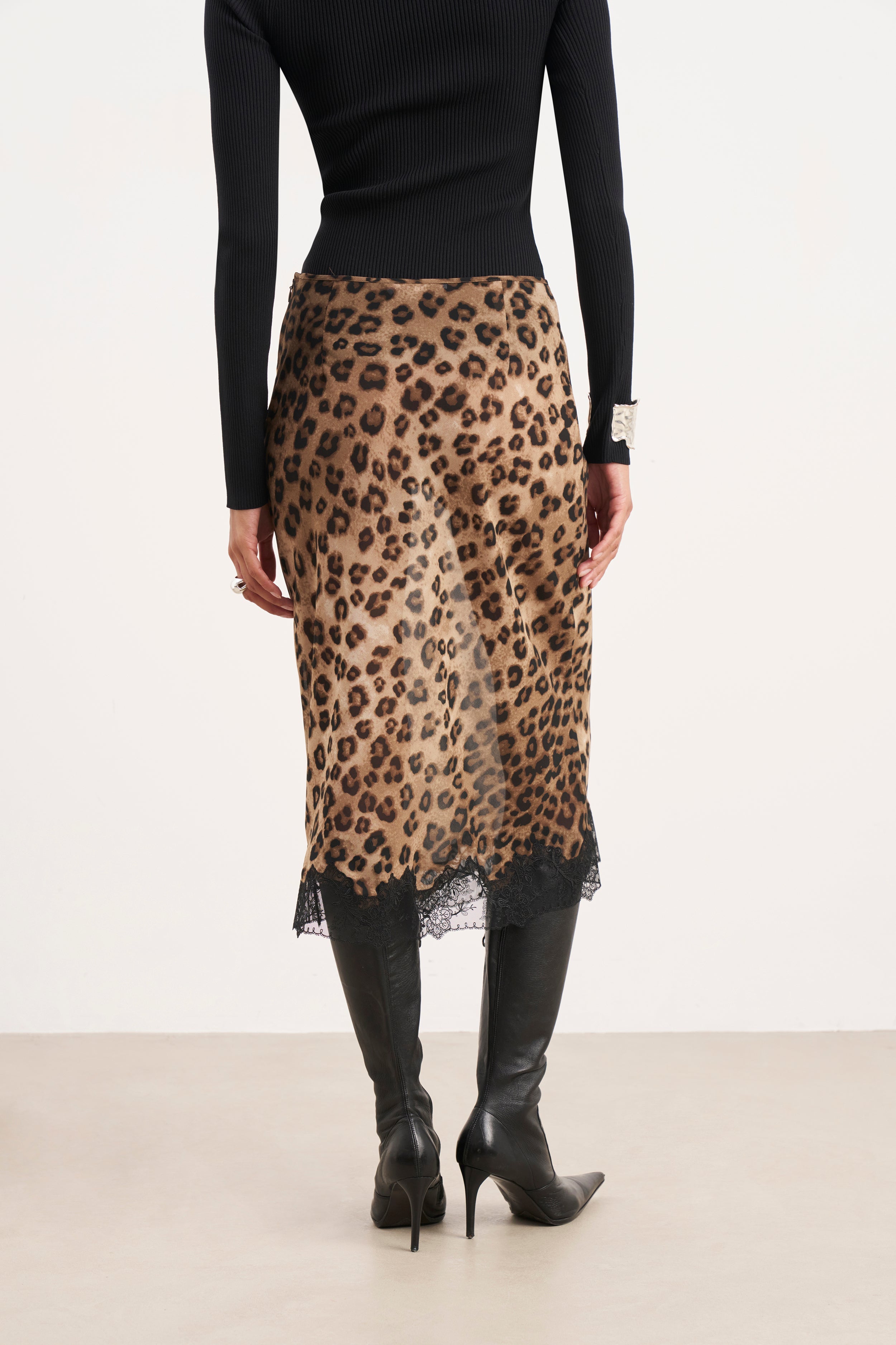 Chiffon Lace Detail Midi Skirt - Leopard Print