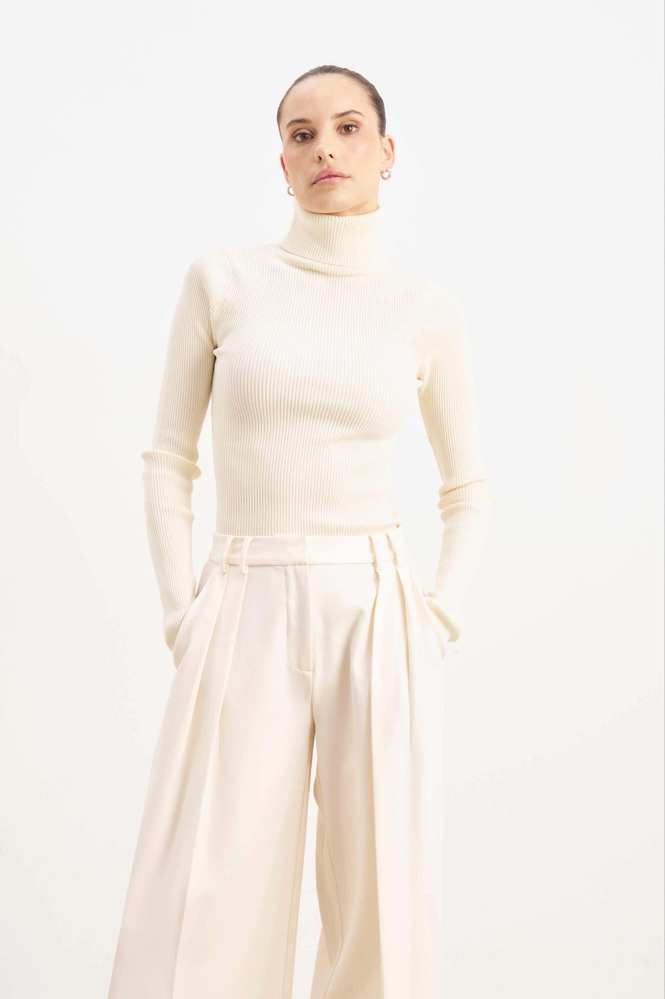 Ribbed Knit Turtleneck Jumper - Cream