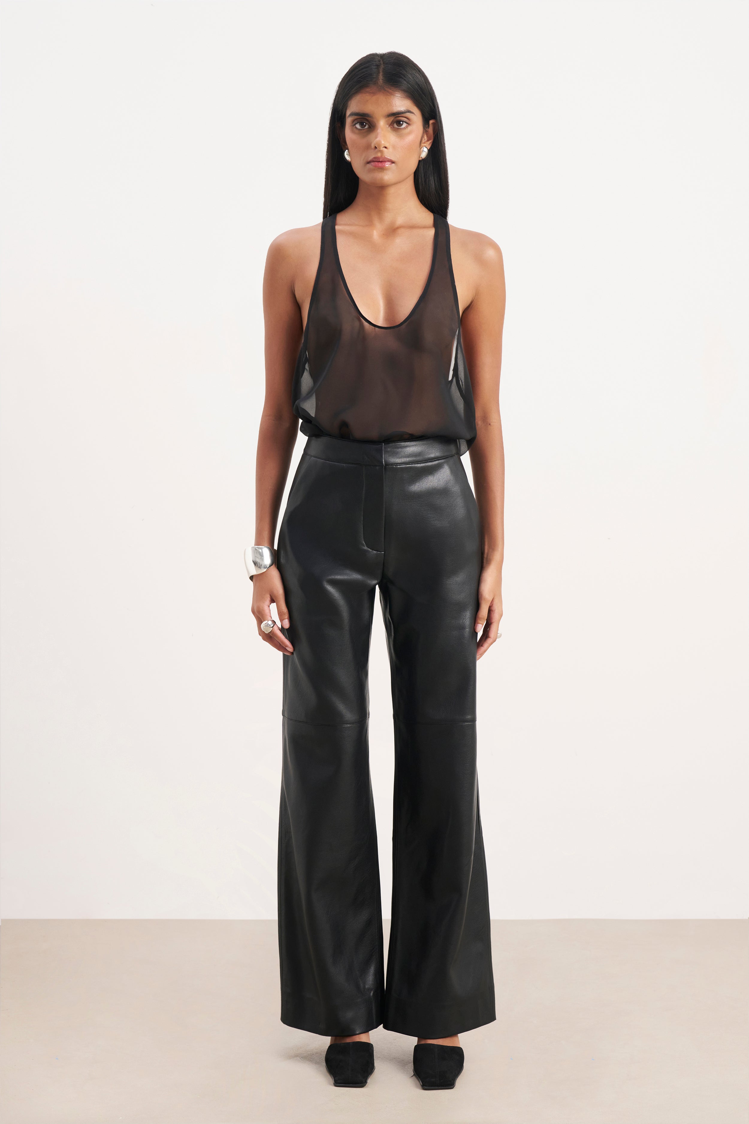 Tailored Leather Wide Leg Trousers - Black