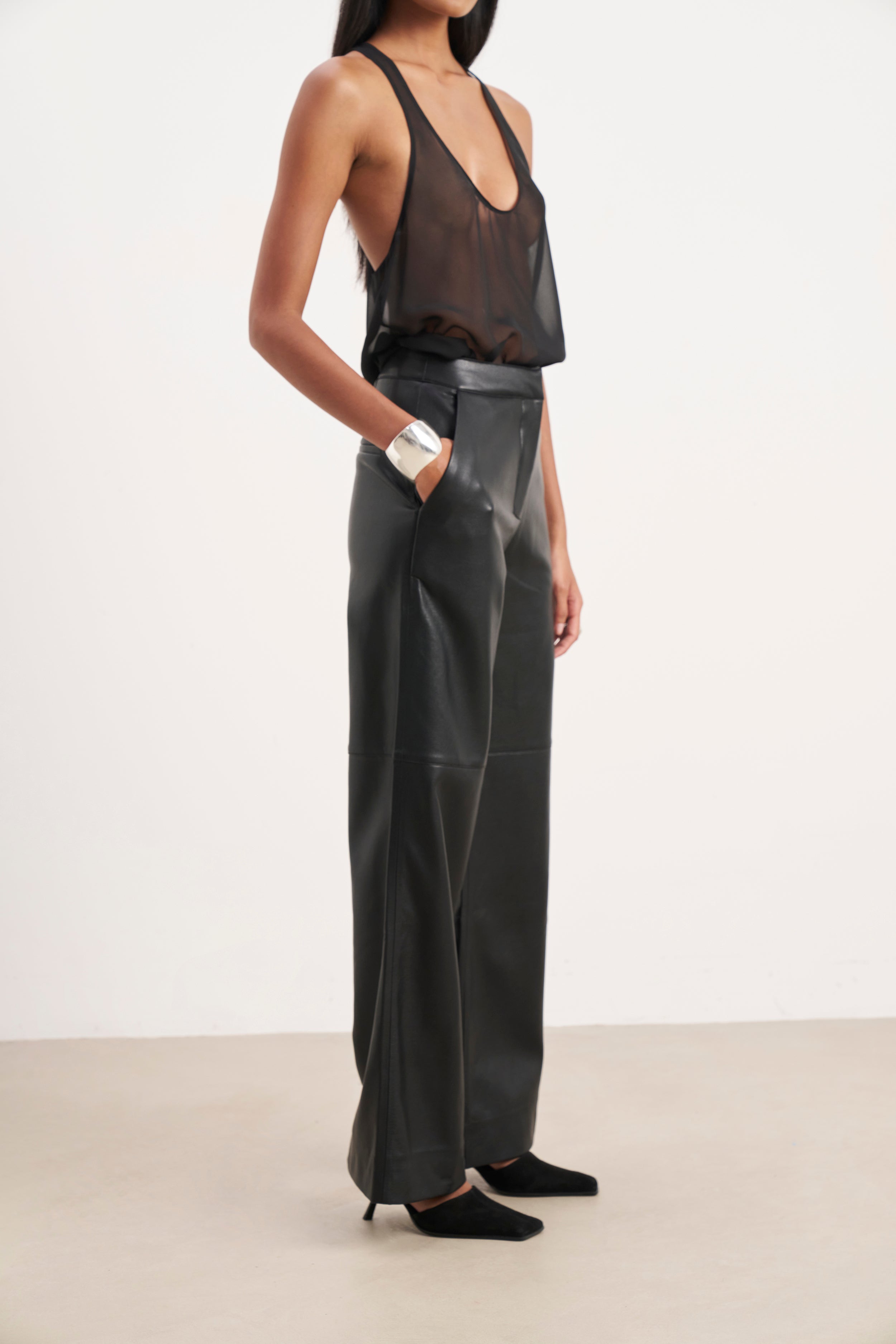 Tailored Leather Wide Leg Trousers - Black
