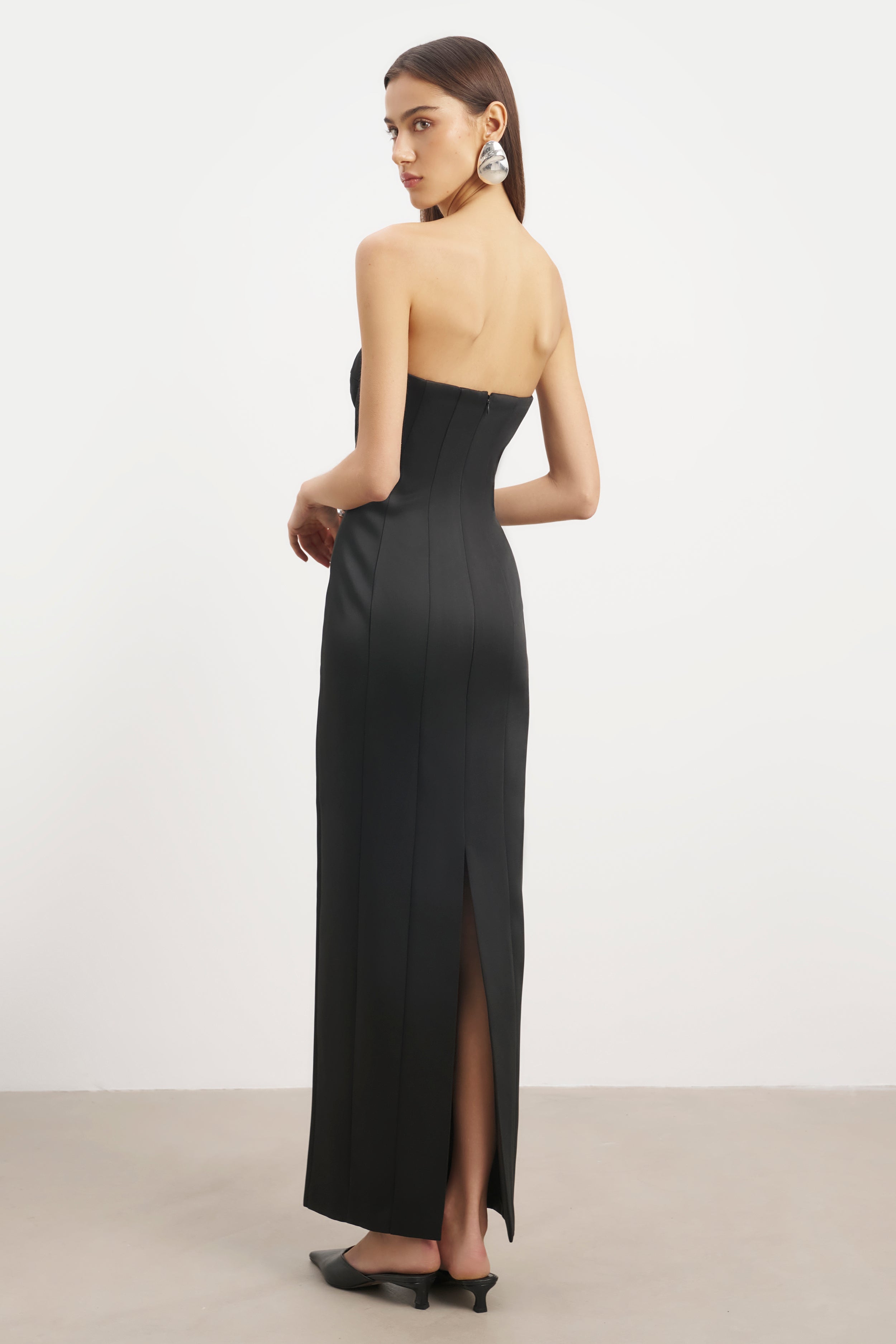 Satin Column Corset Maxi Dress - Black