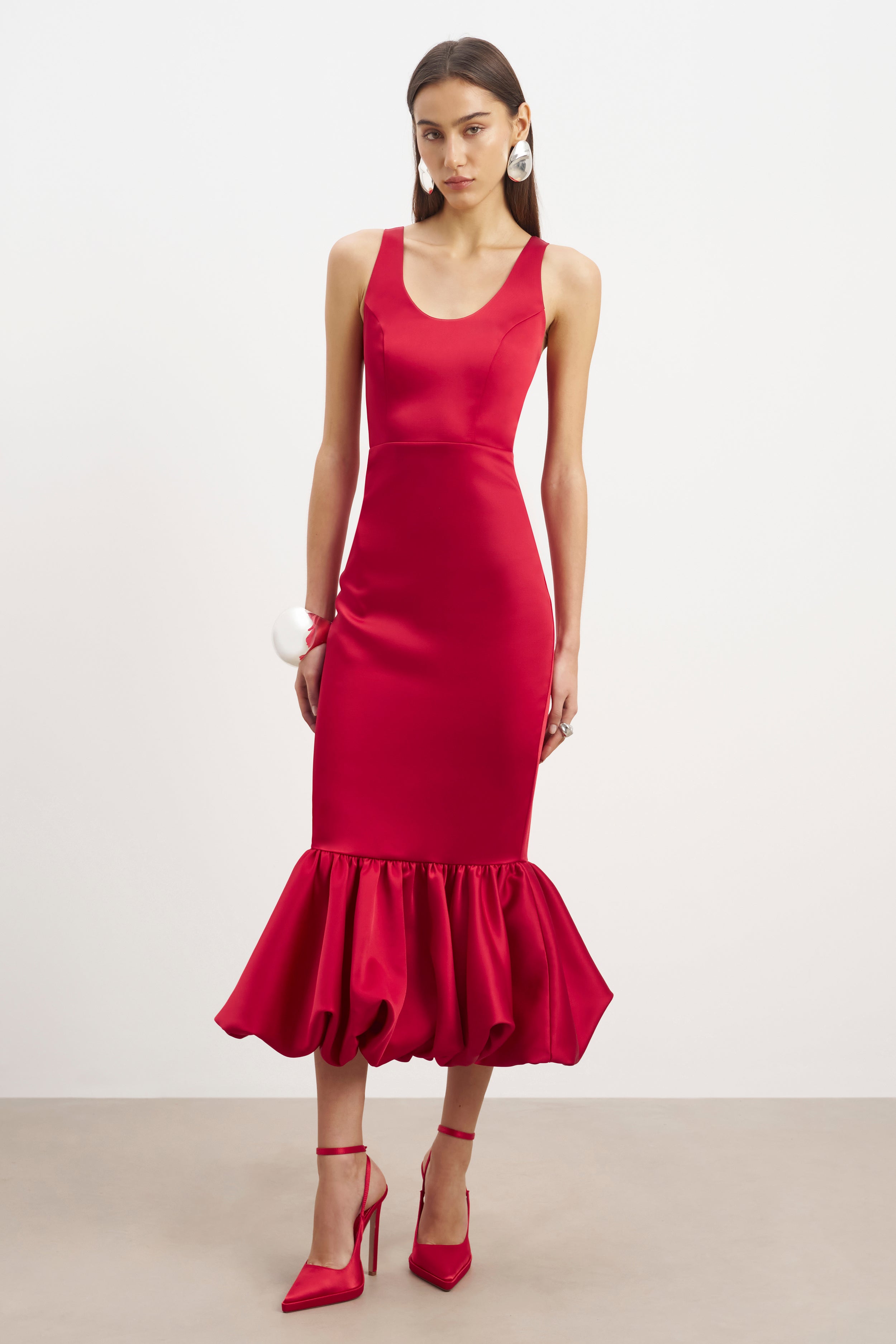 Satin Bubble Hem Midi Dress - Scarlet
