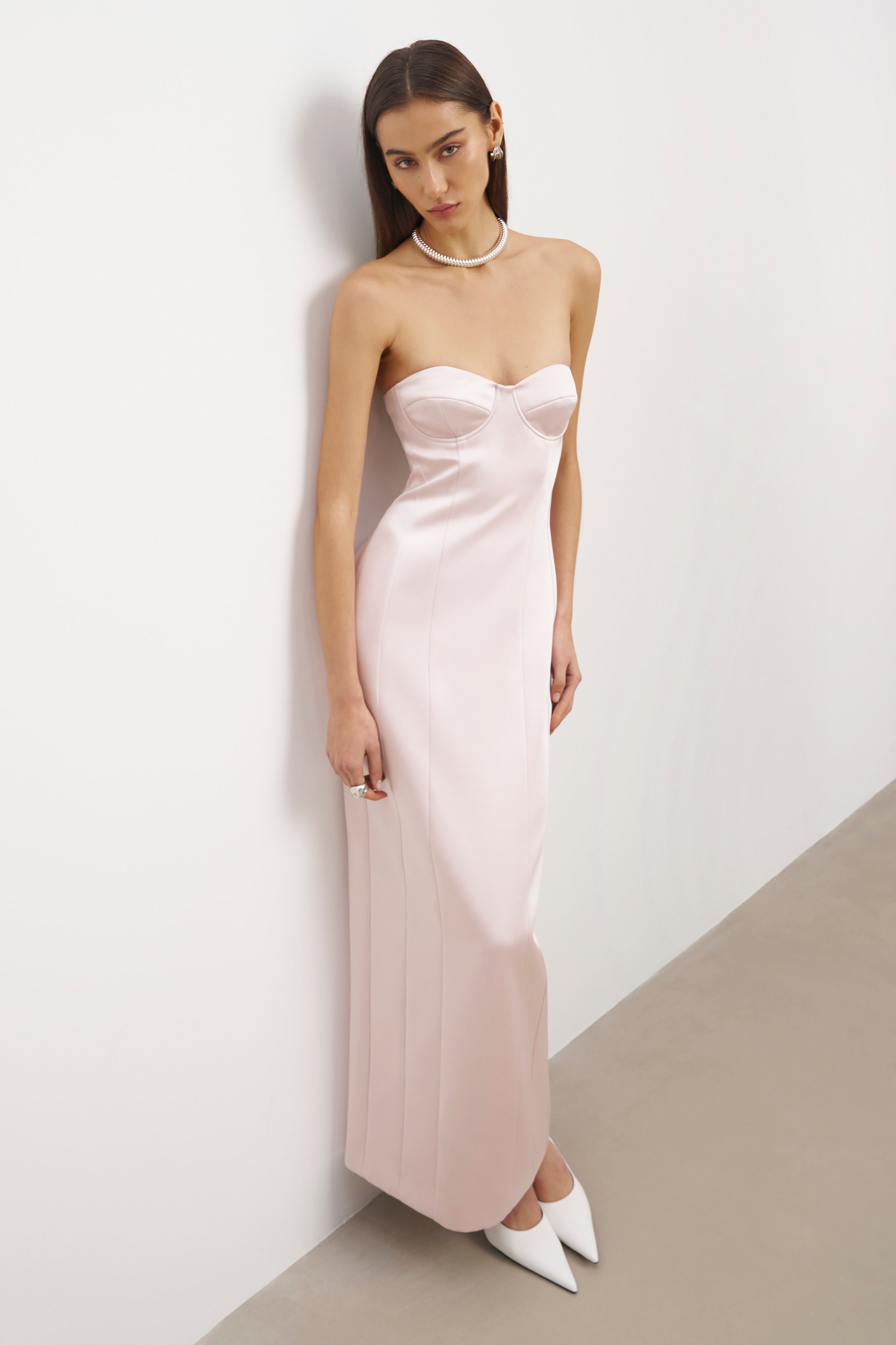 Satin Column Corset Maxi Dress - Blush