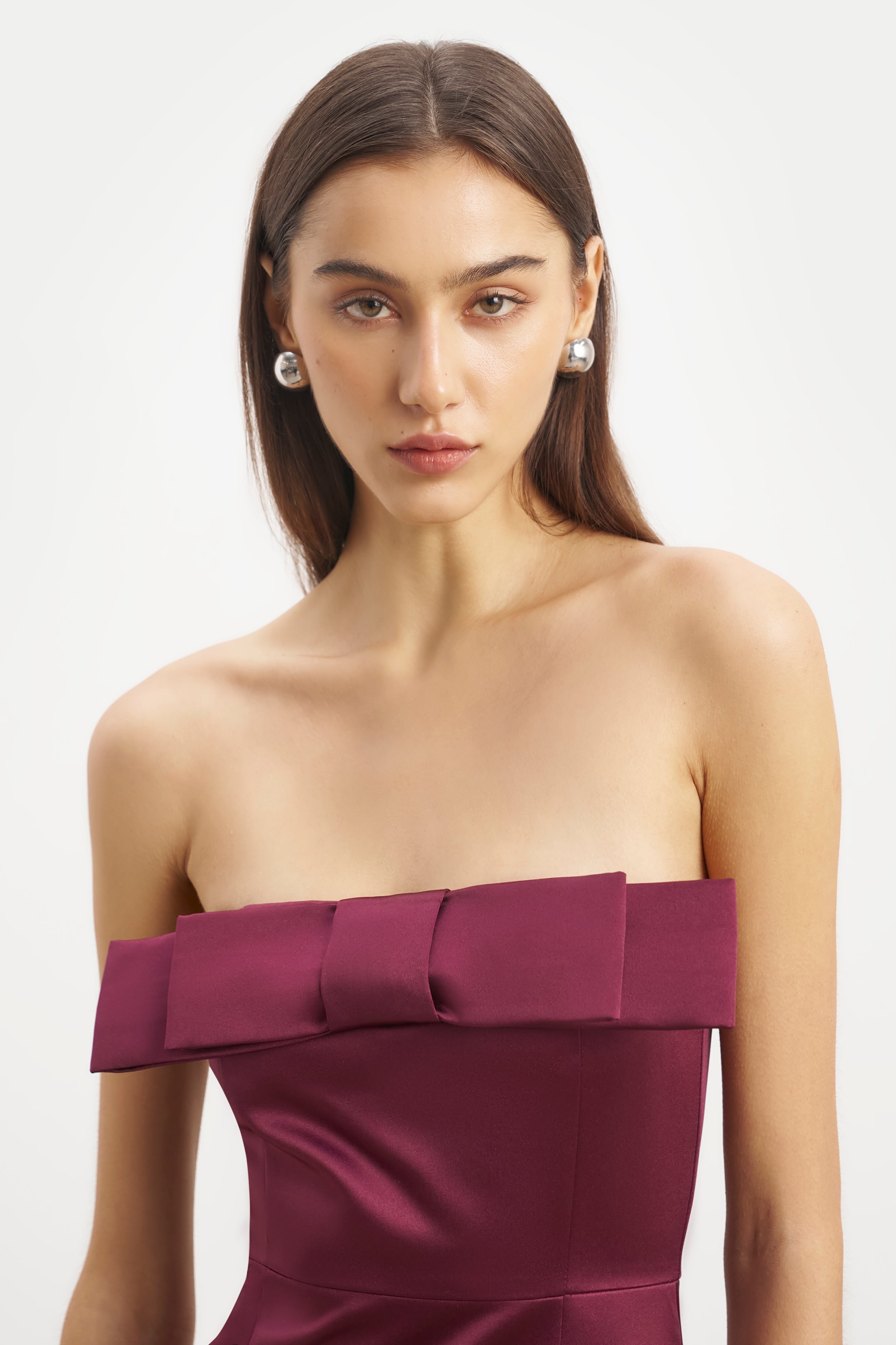 Satin Column Maxi Dress with Bow Detail - Mulberry