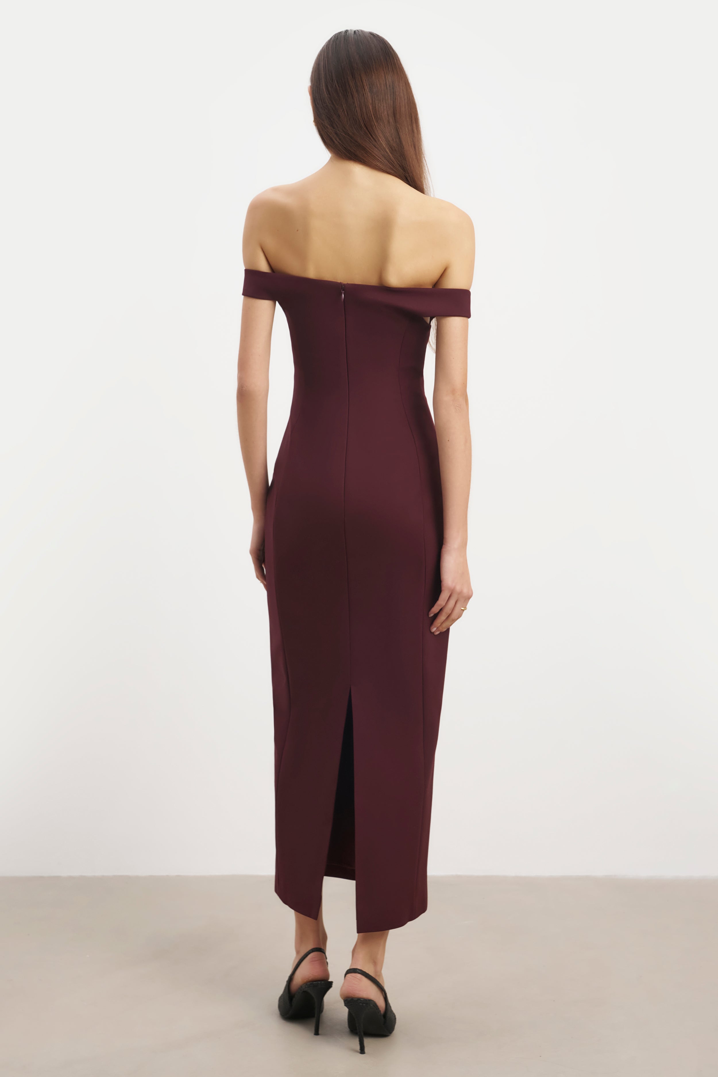Tailored Ruched Bardot Midi Dress - Mulberry