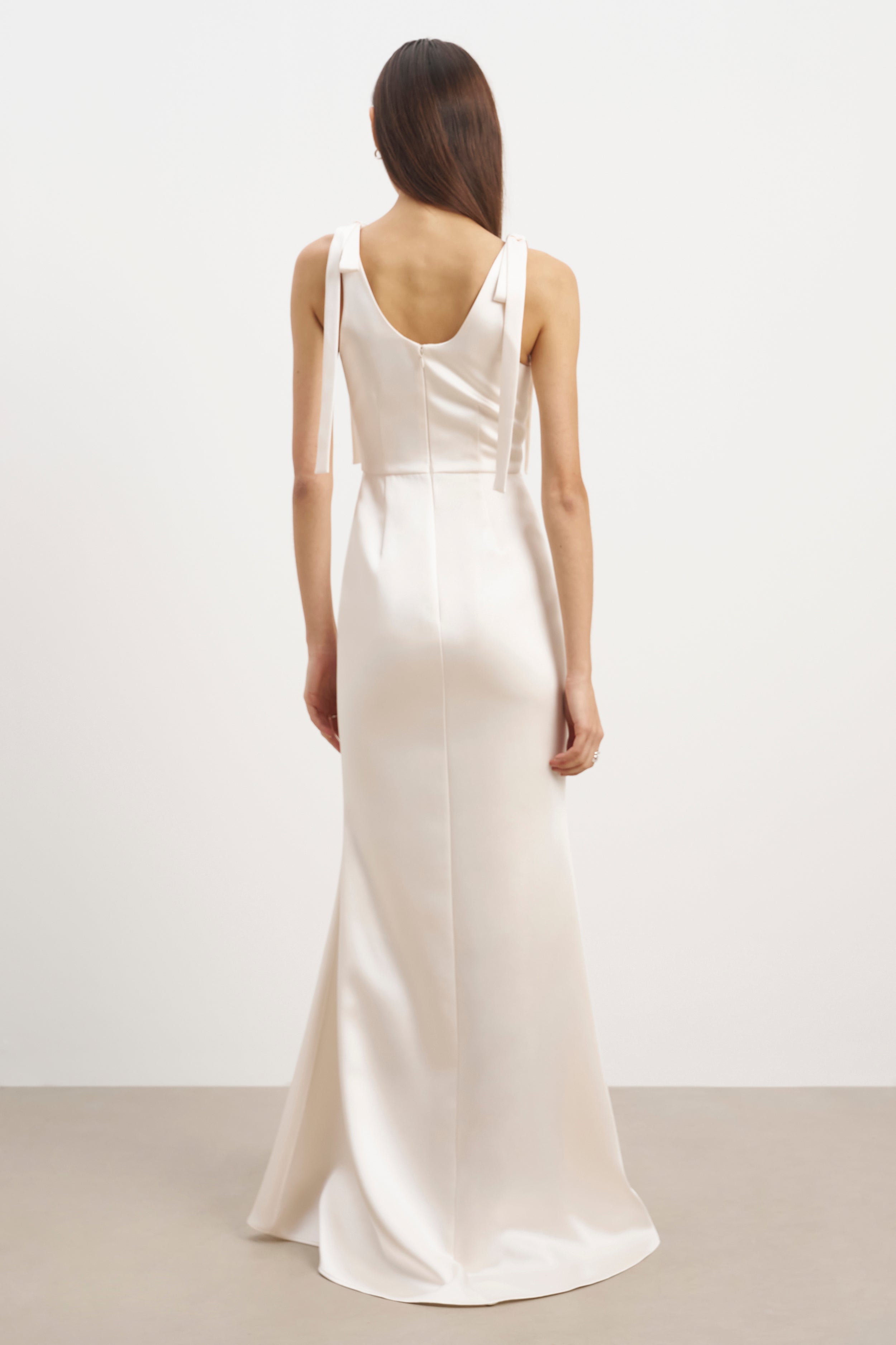 Satin Scoop Neck Gown with Bow Detail - Cream