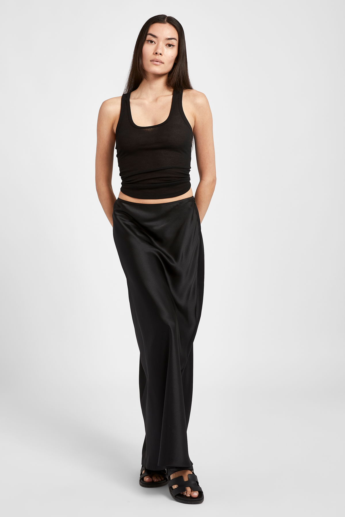 Satin Mid Rise Maxi Skirt - Black