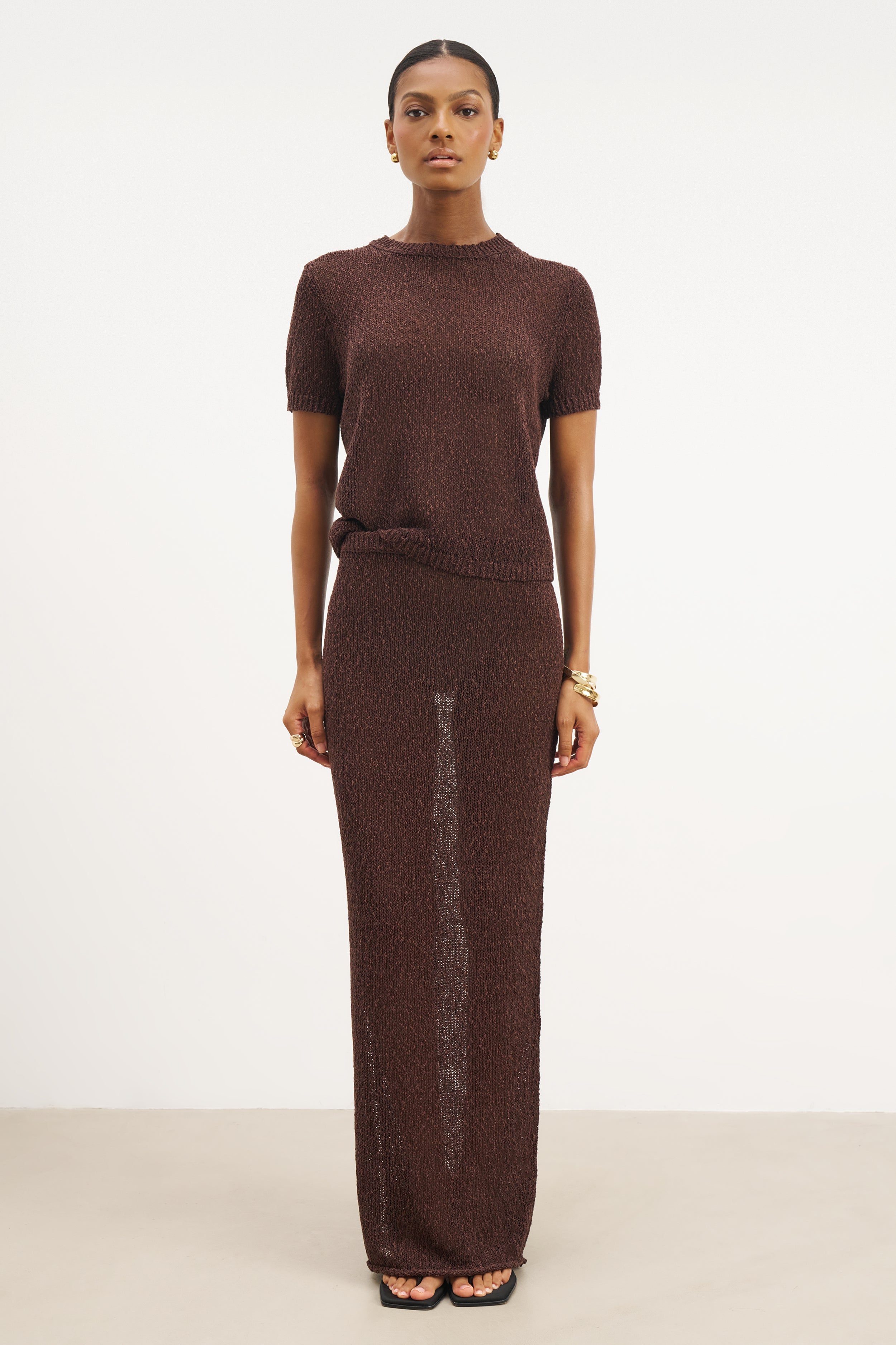 Crochet Knit Relaxed T Shirt - Carob