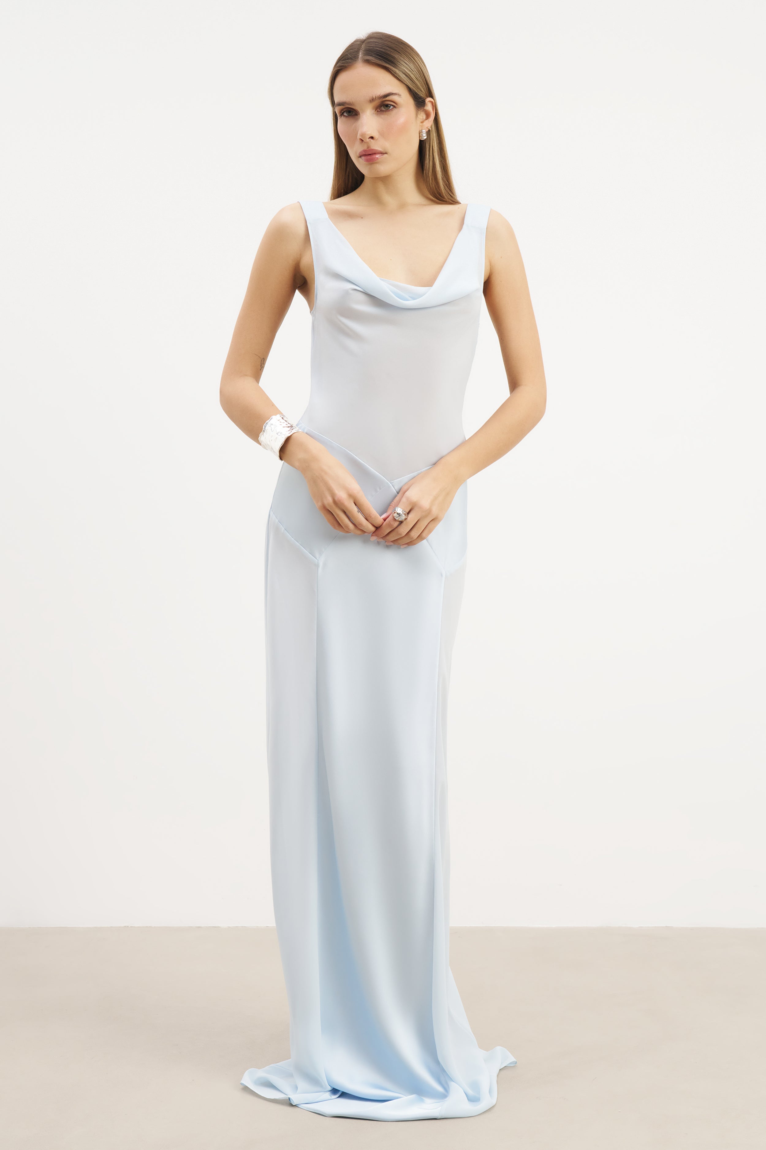Cowl Neck Satin Panel Gown - Powder Blue