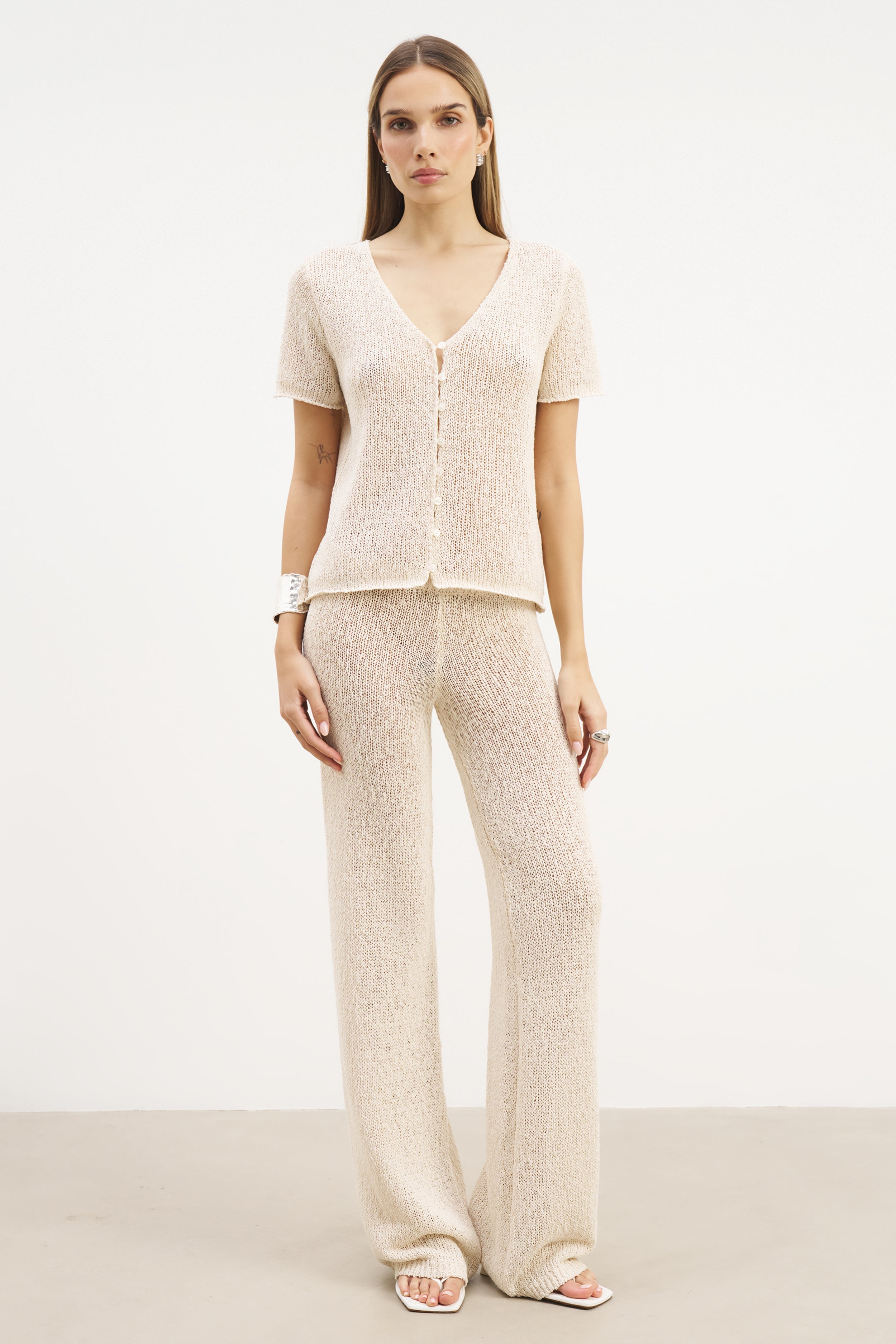 Crochet Knit Wide Leg Trousers - Cream