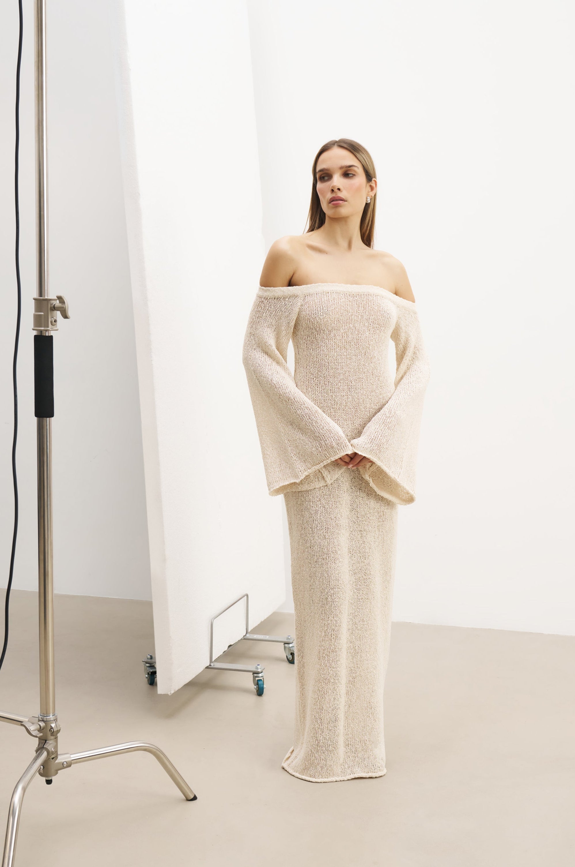 Crochet Knit Off Shoulder Maxi Dress - Cream