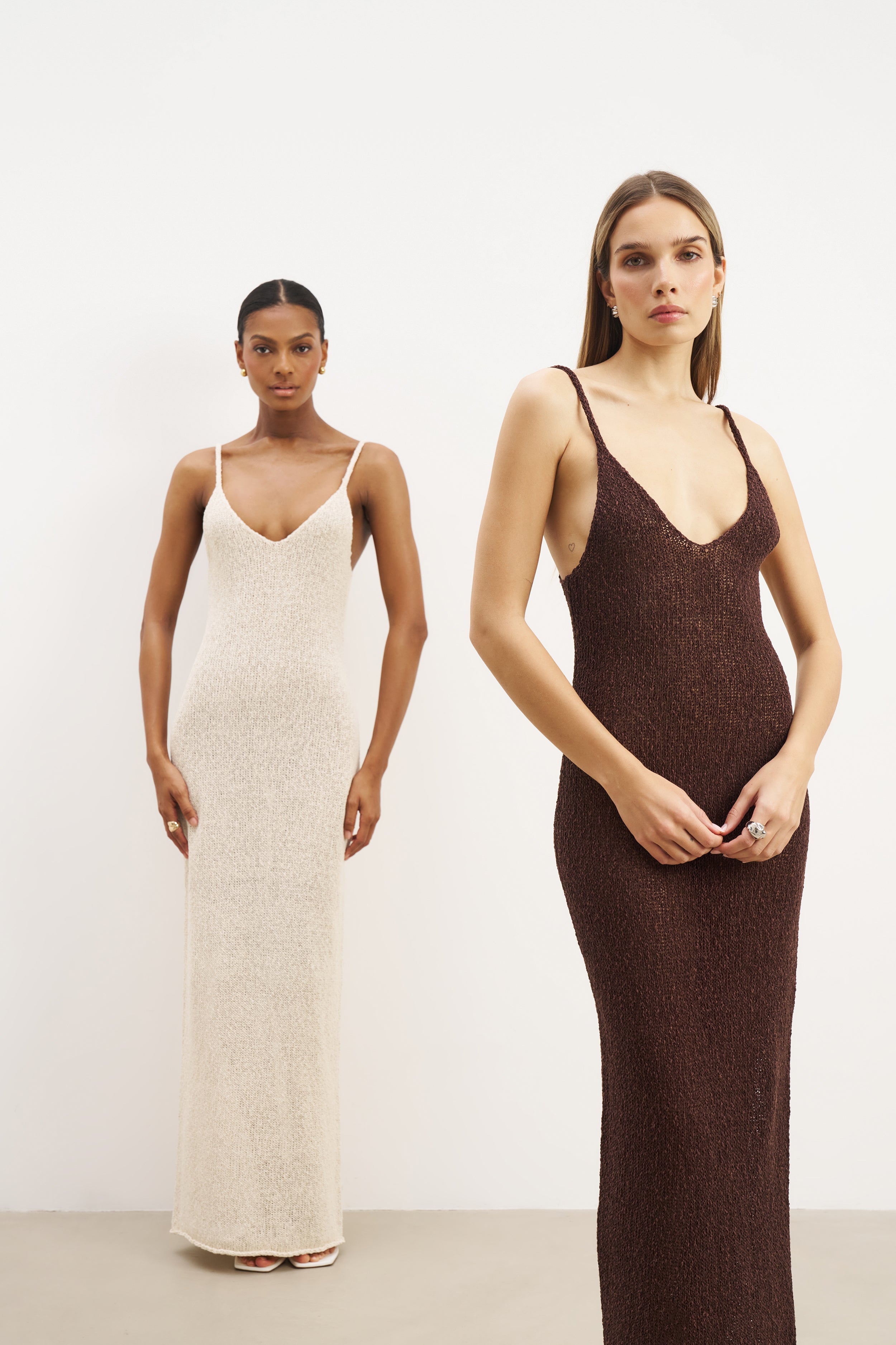 Crochet Knit Plunging Cami Maxi Dress - Carob