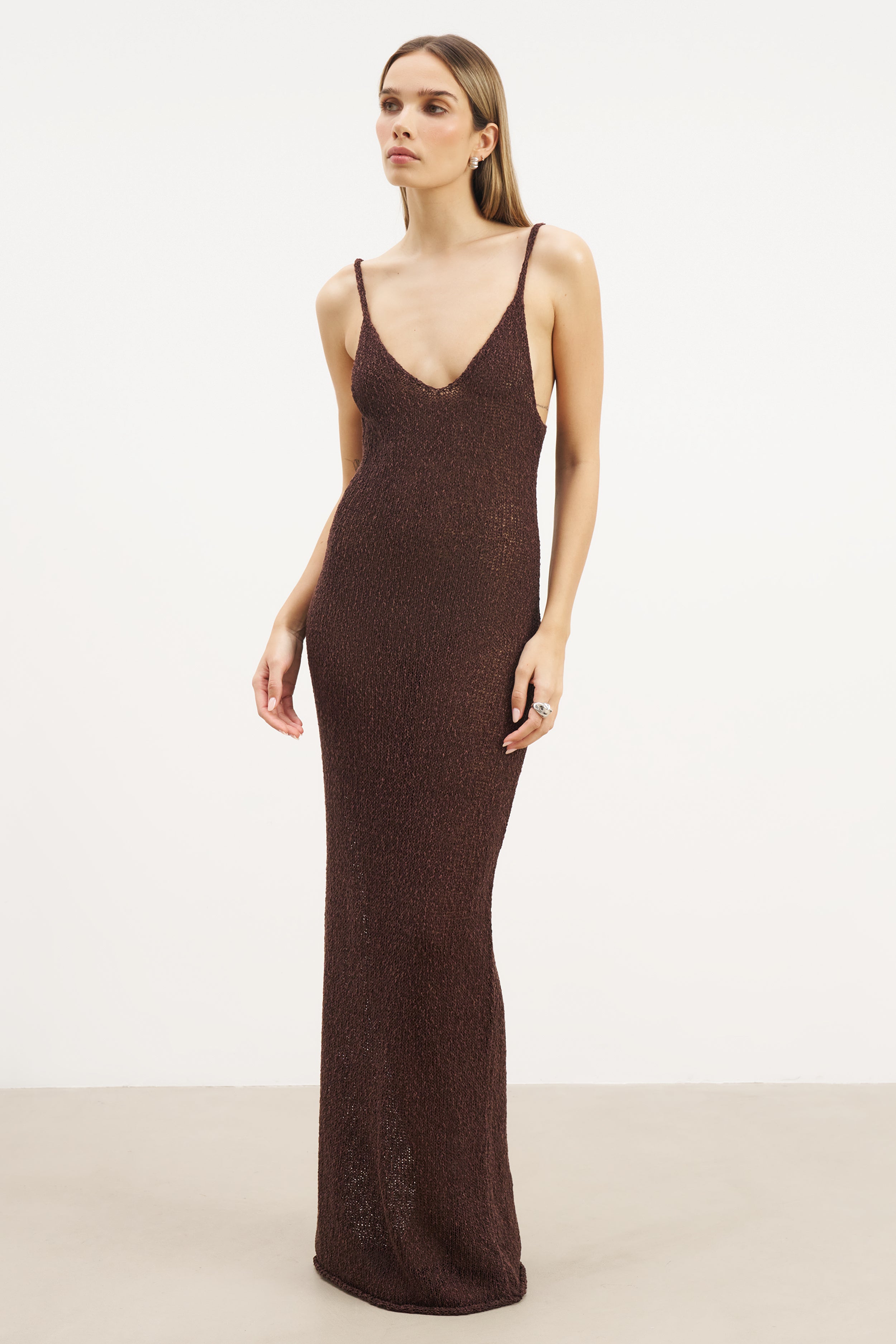 Crochet Knit Plunging Cami Maxi Dress - Carob